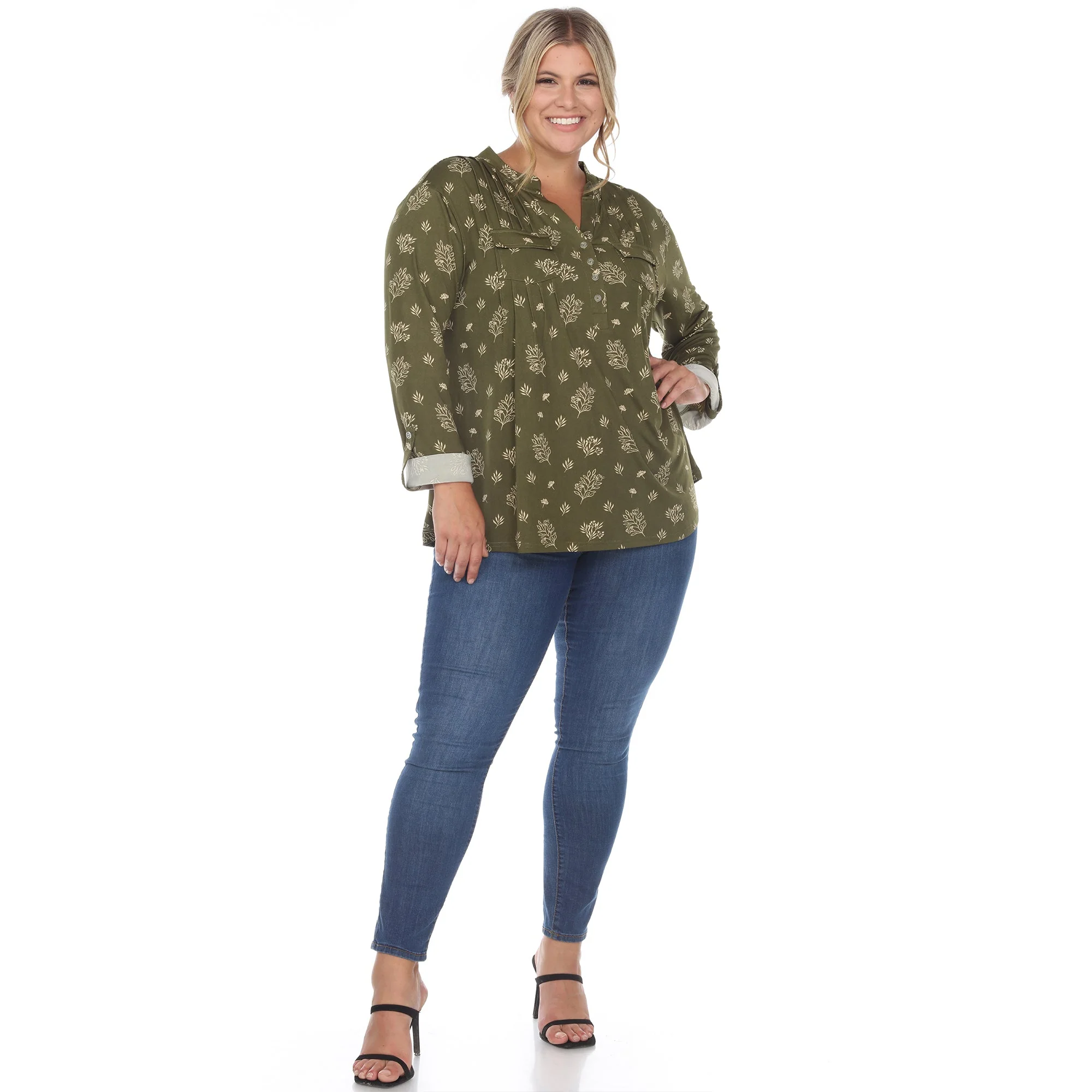 Pleated Long Sleeve Leaf Print Blouse - Plus - Image 14