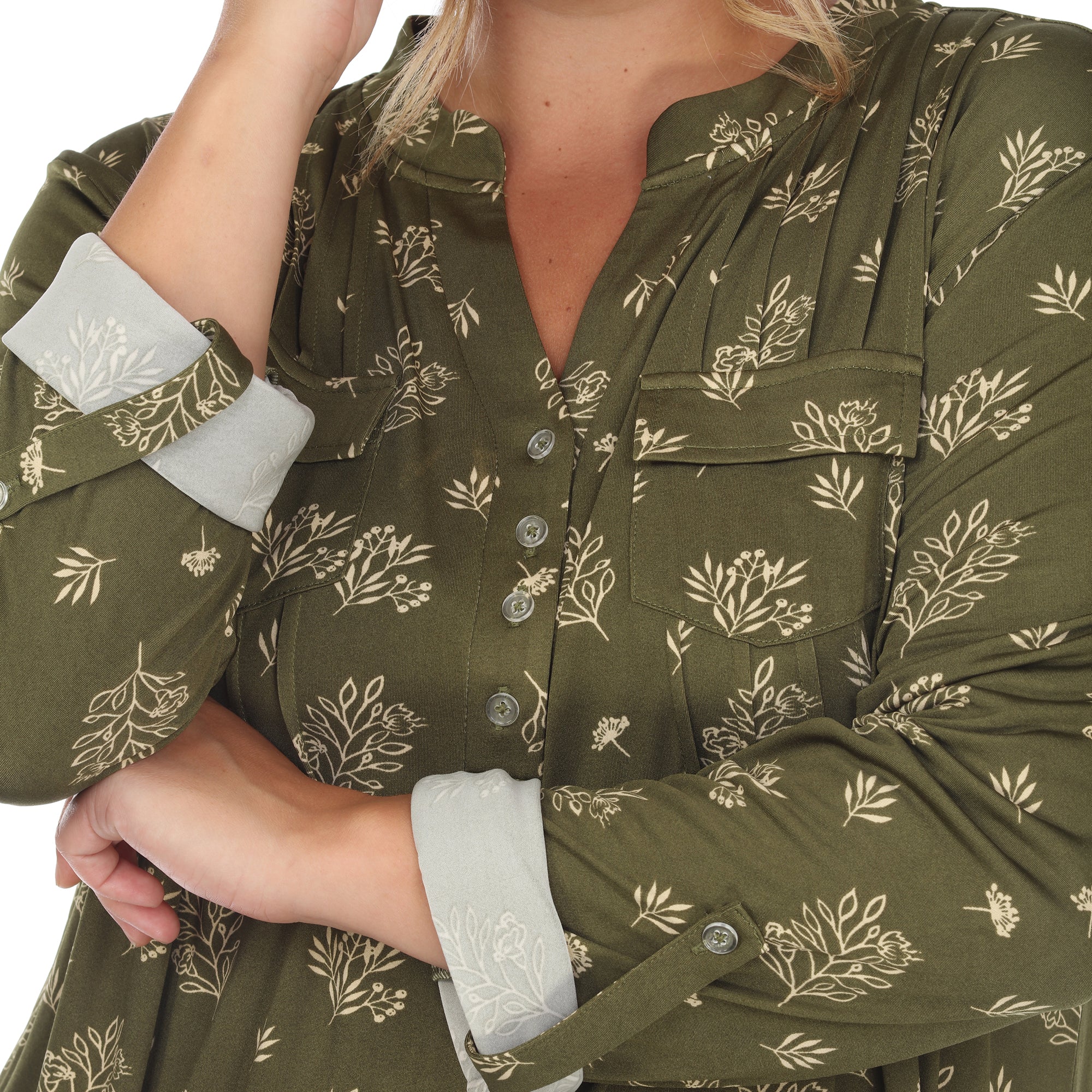Pleated Long Sleeve Leaf Print Blouse - Plus - Image 15