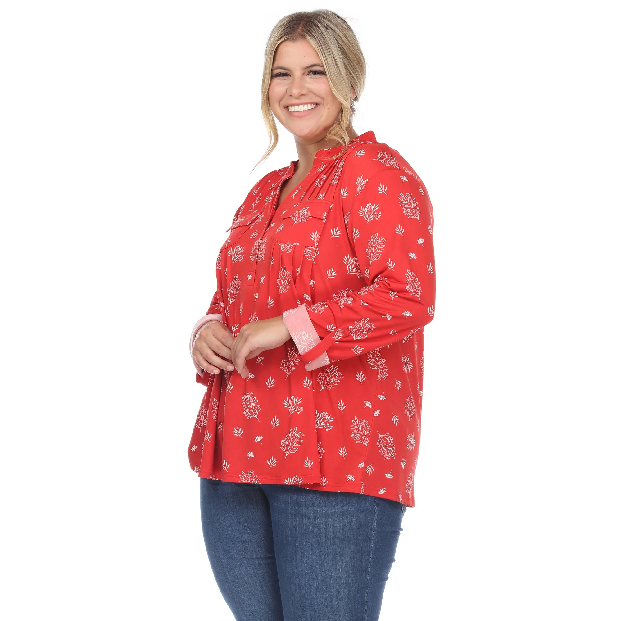 Pleated Long Sleeve Leaf Print Blouse - Plus - Image 17