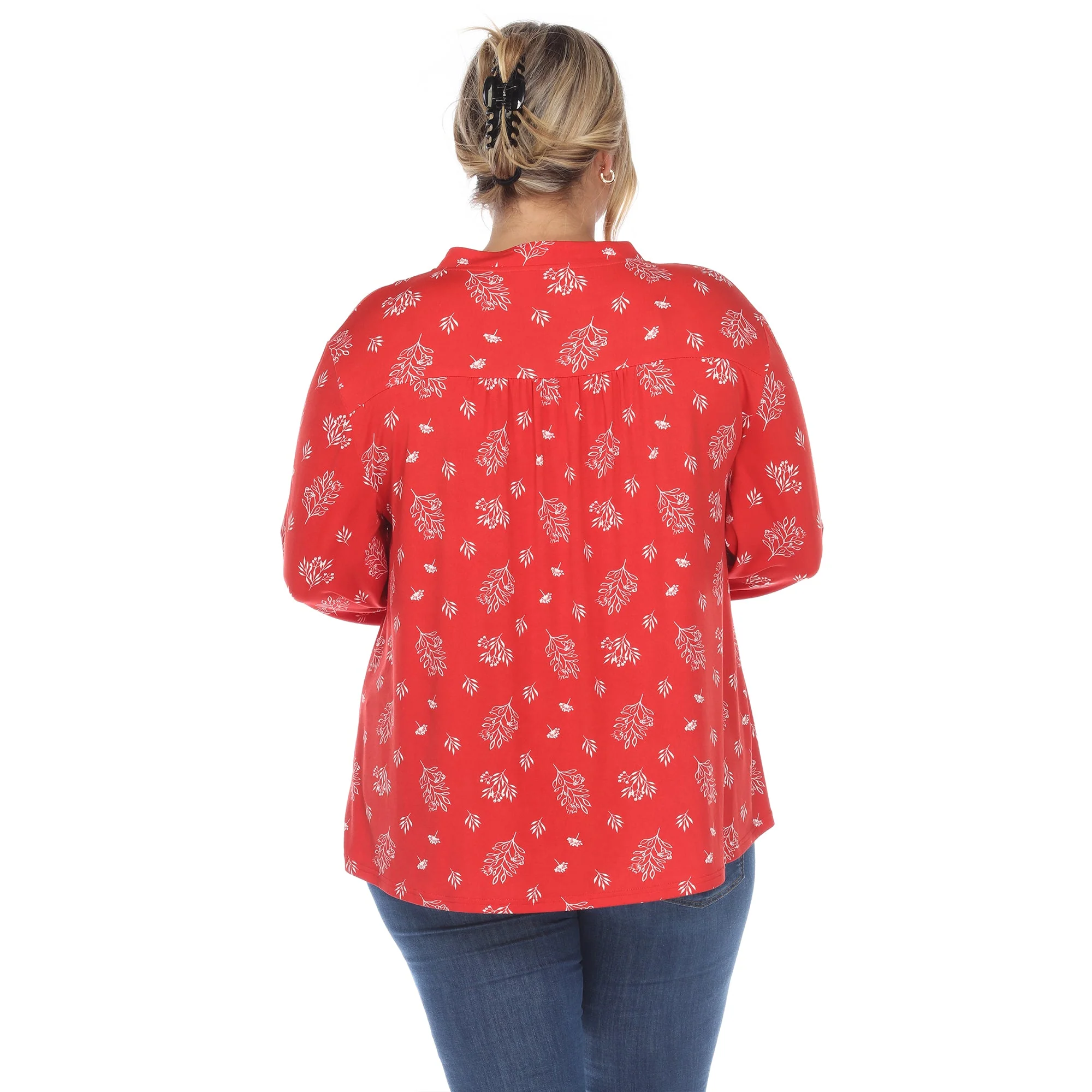Pleated Long Sleeve Leaf Print Blouse - Plus - Image 18