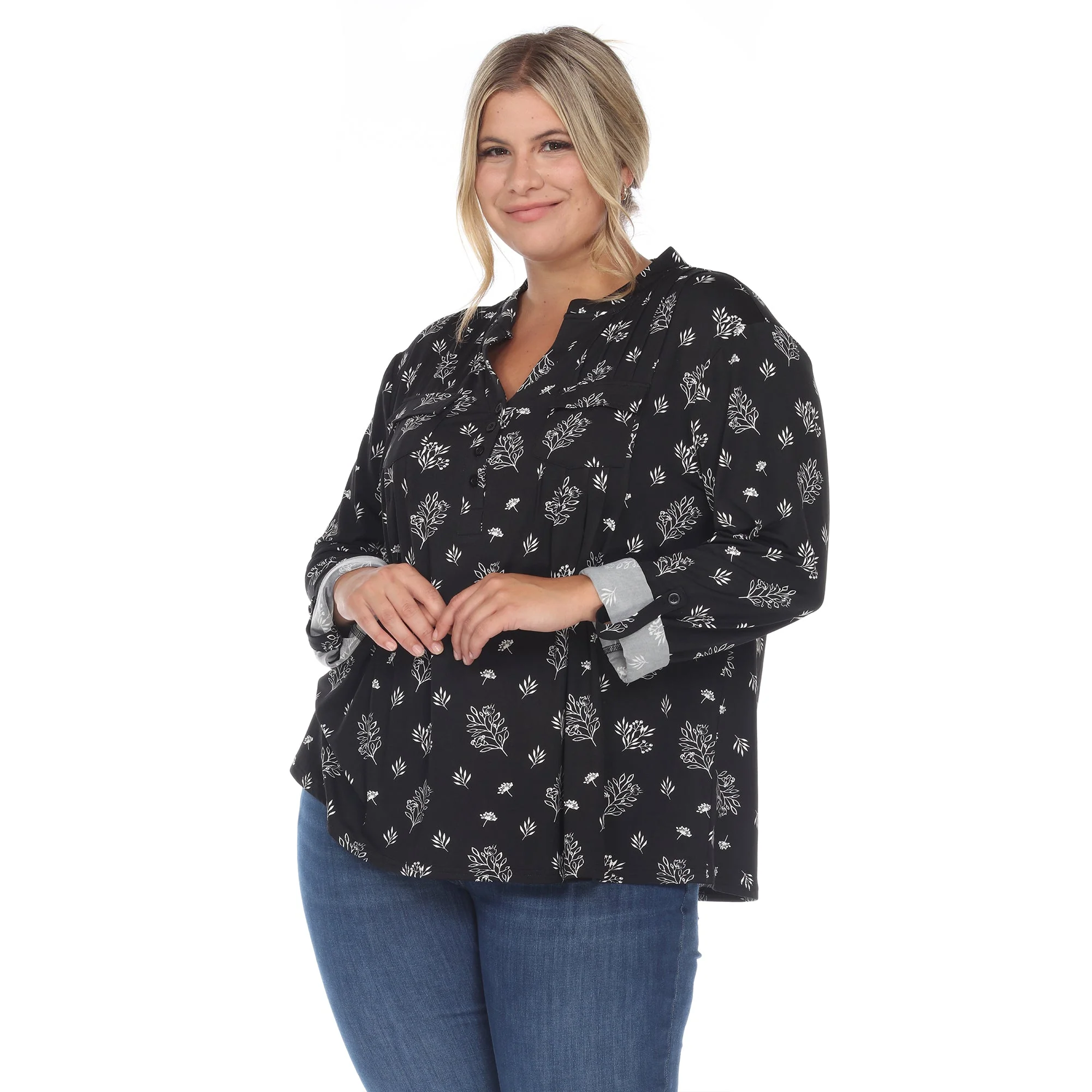 Pleated Long Sleeve Leaf Print Blouse - Plus - Image 3