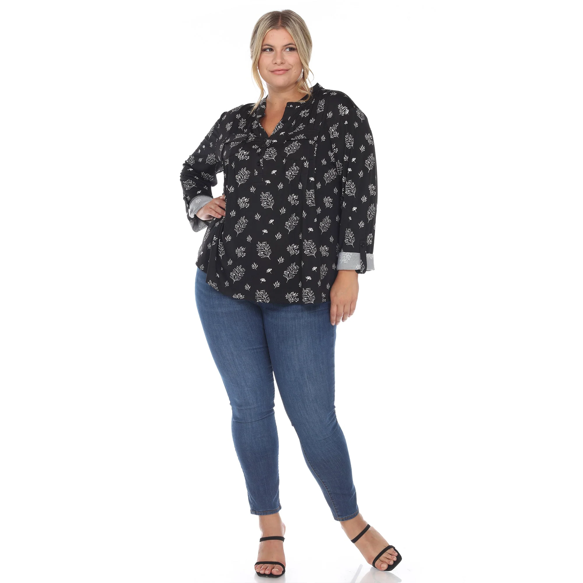 Pleated Long Sleeve Leaf Print Blouse - Plus - Image 5