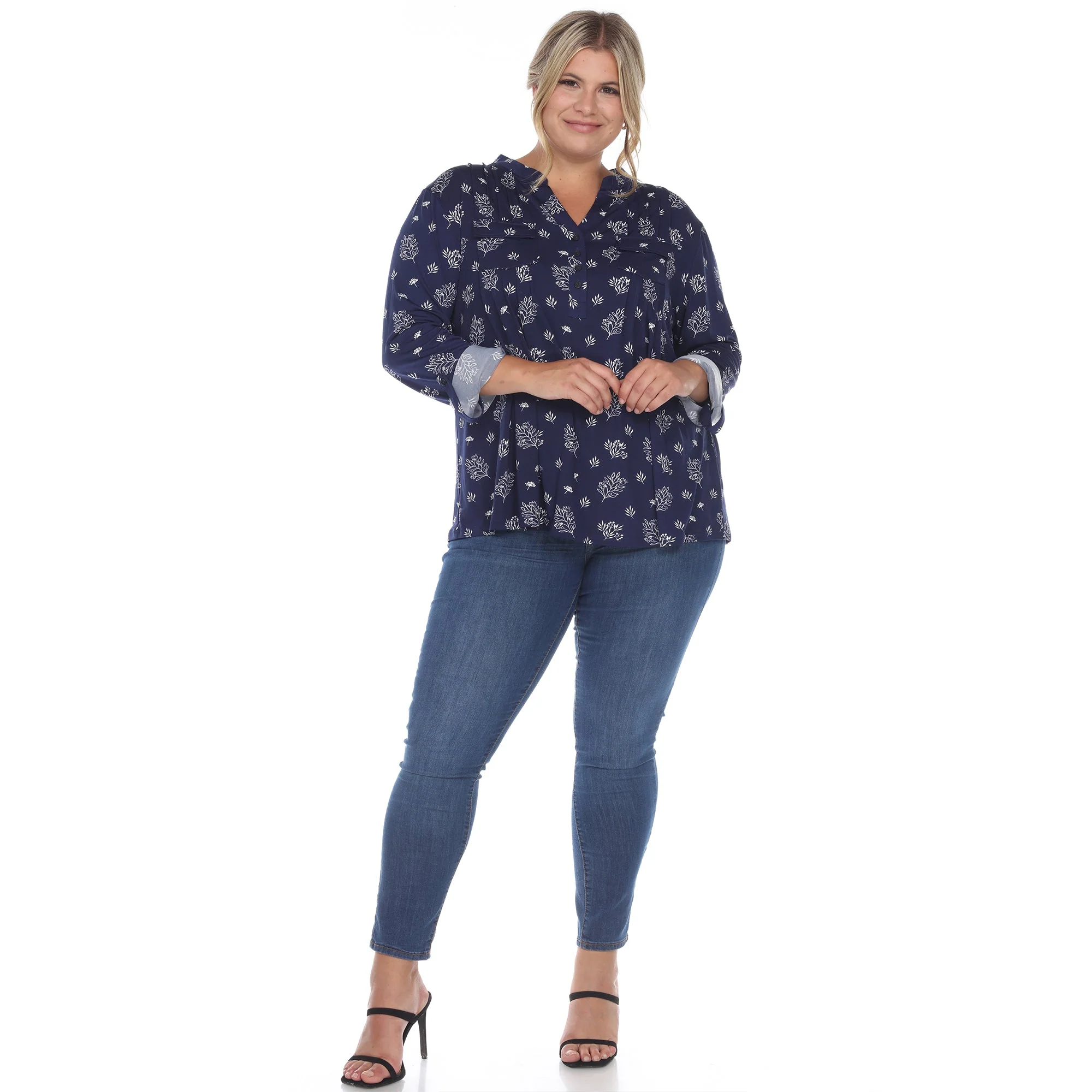 Pleated Long Sleeve Leaf Print Blouse - Plus - Image 9
