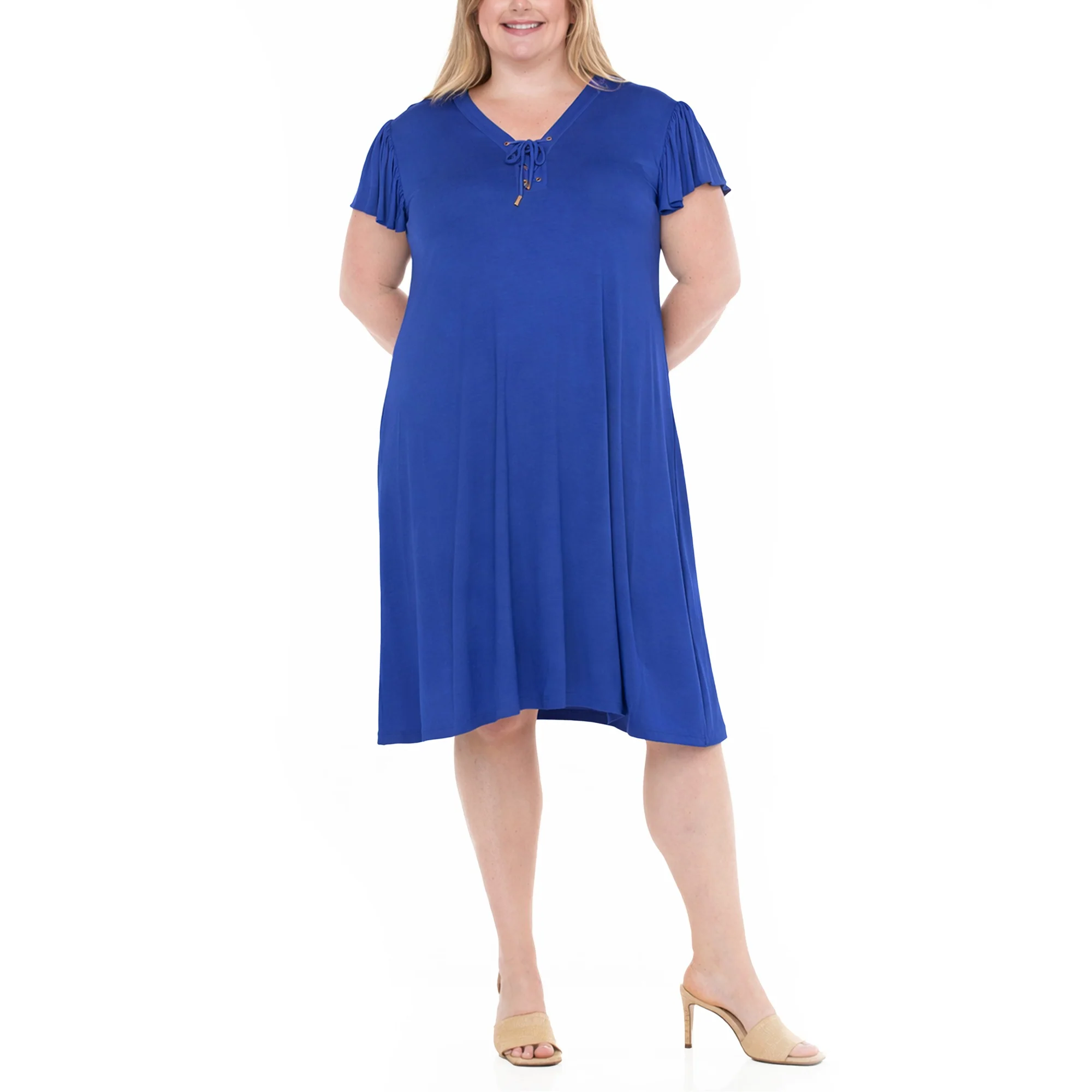 Plus Size V-Neck Tie Front Flutter Sleeve Shift Dres - Image 10