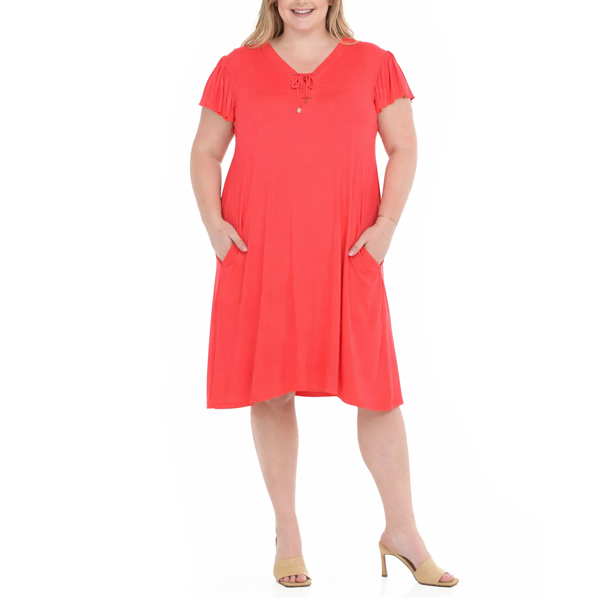 Plus Size V-Neck Tie Front Flutter Sleeve Shift Dres - Image 11