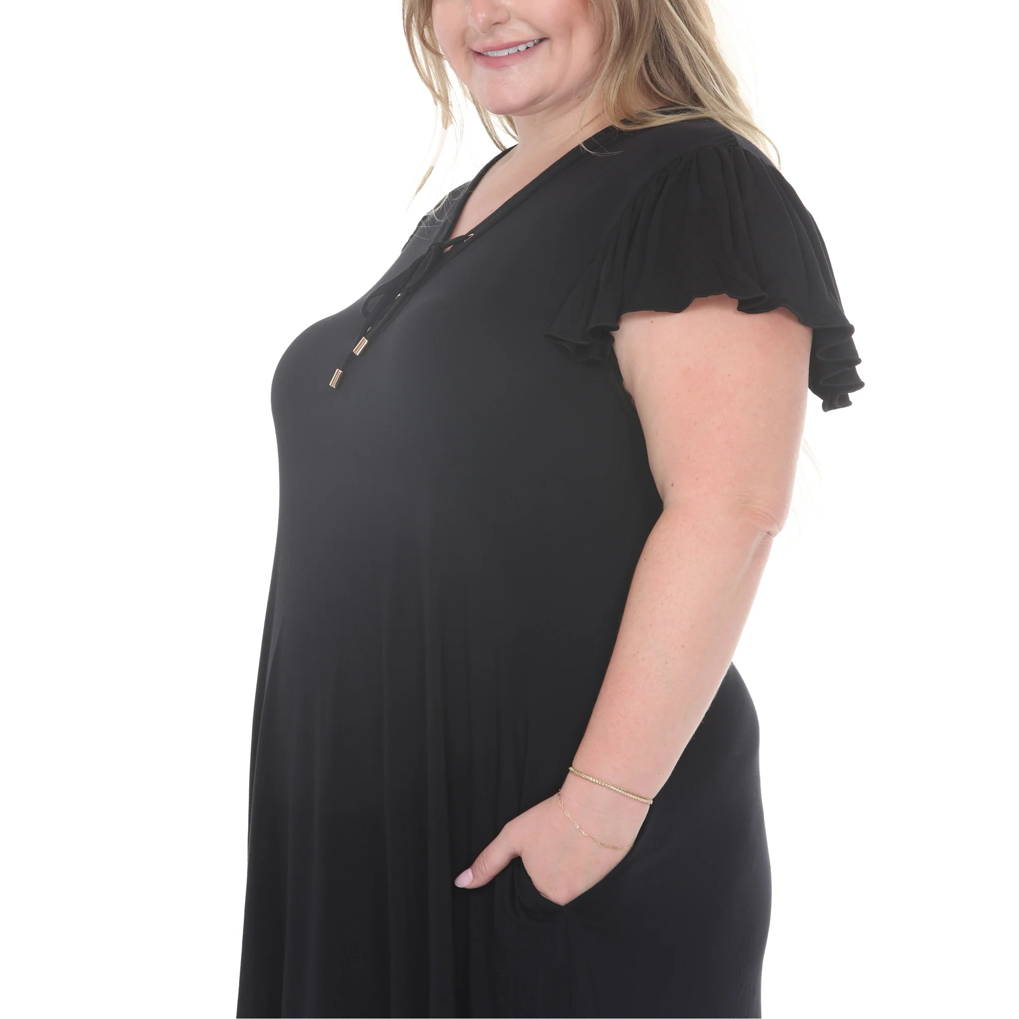 Plus Size V-Neck Tie Front Flutter Sleeve Shift Dres - Image 4