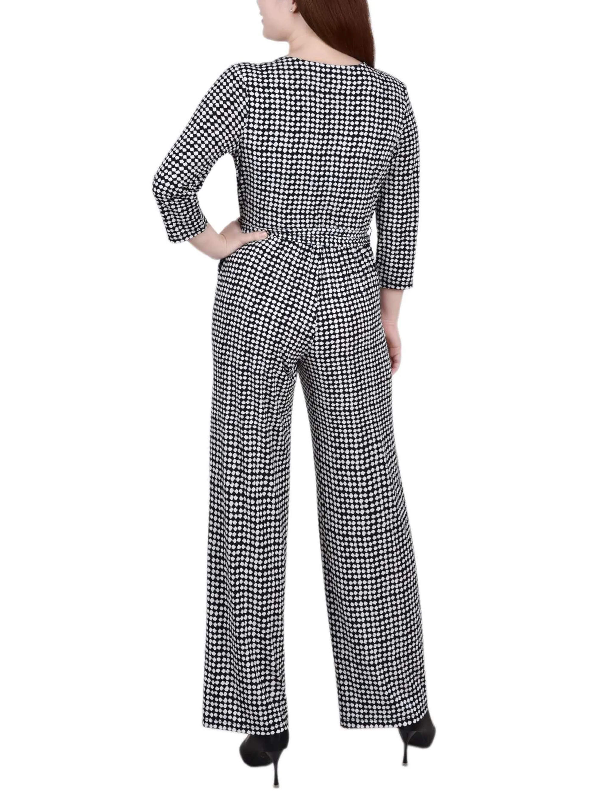 Polka Dot 3/4 Sleeve Belted Jumpsuit - Petite Short - Image 4