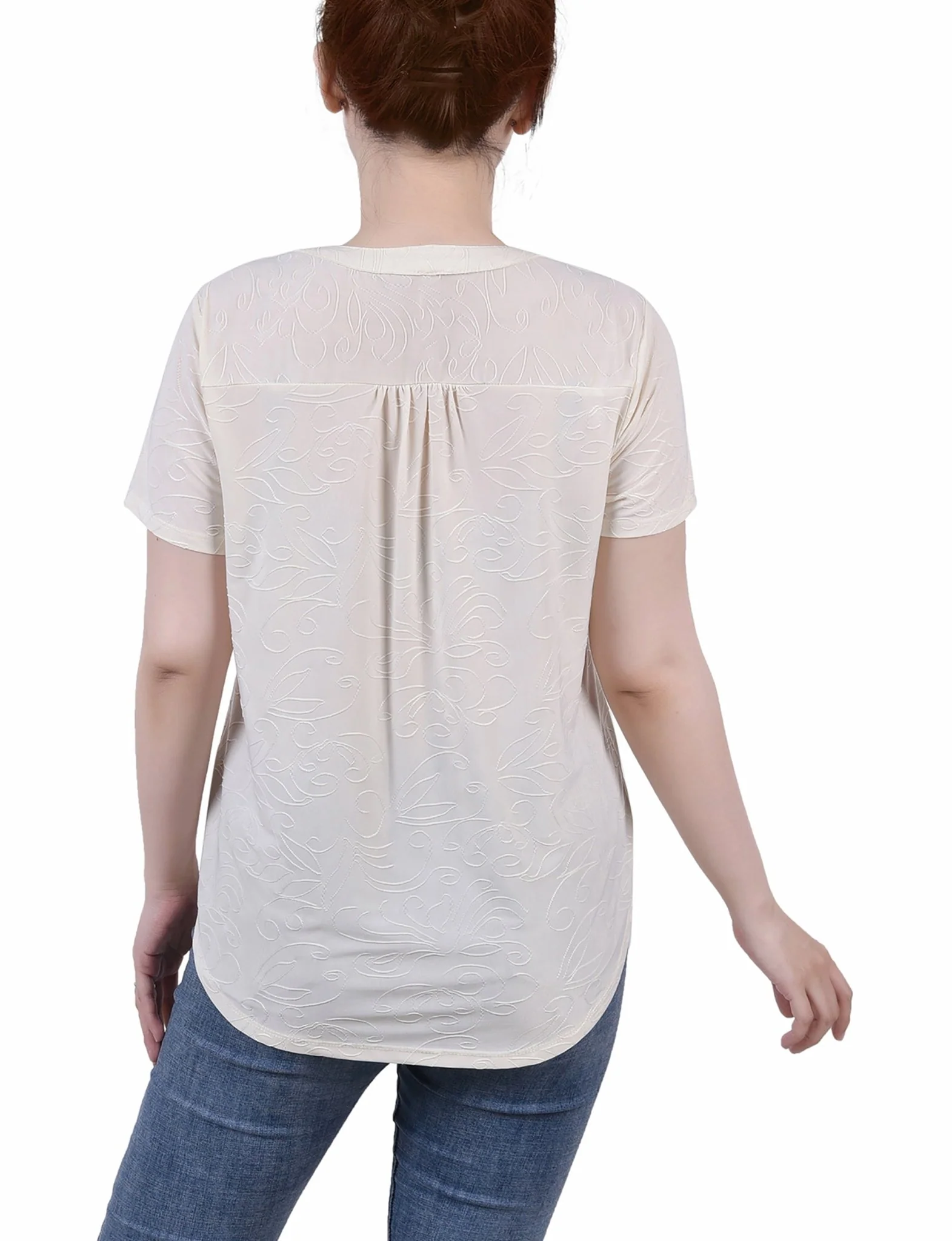 Pristine Short Sleeve Y Neck Jacquard Knit Top - Petite - Image 4