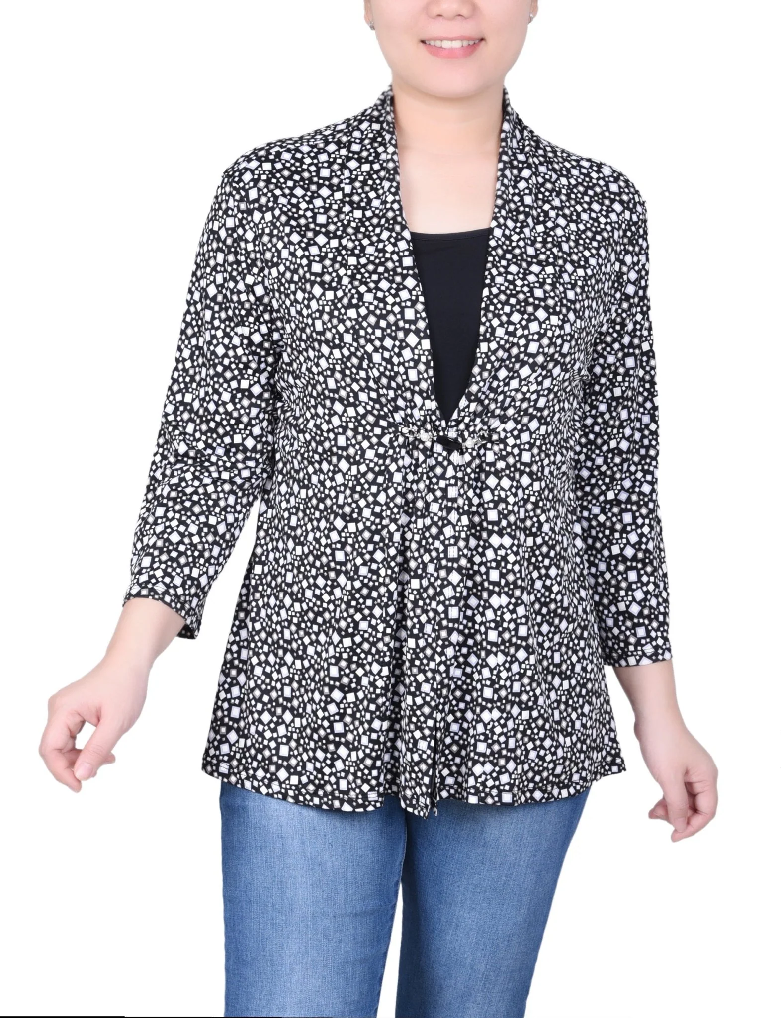 Puff Print 3/4 Sleeve Two-Fer Top - Petite - Image 4