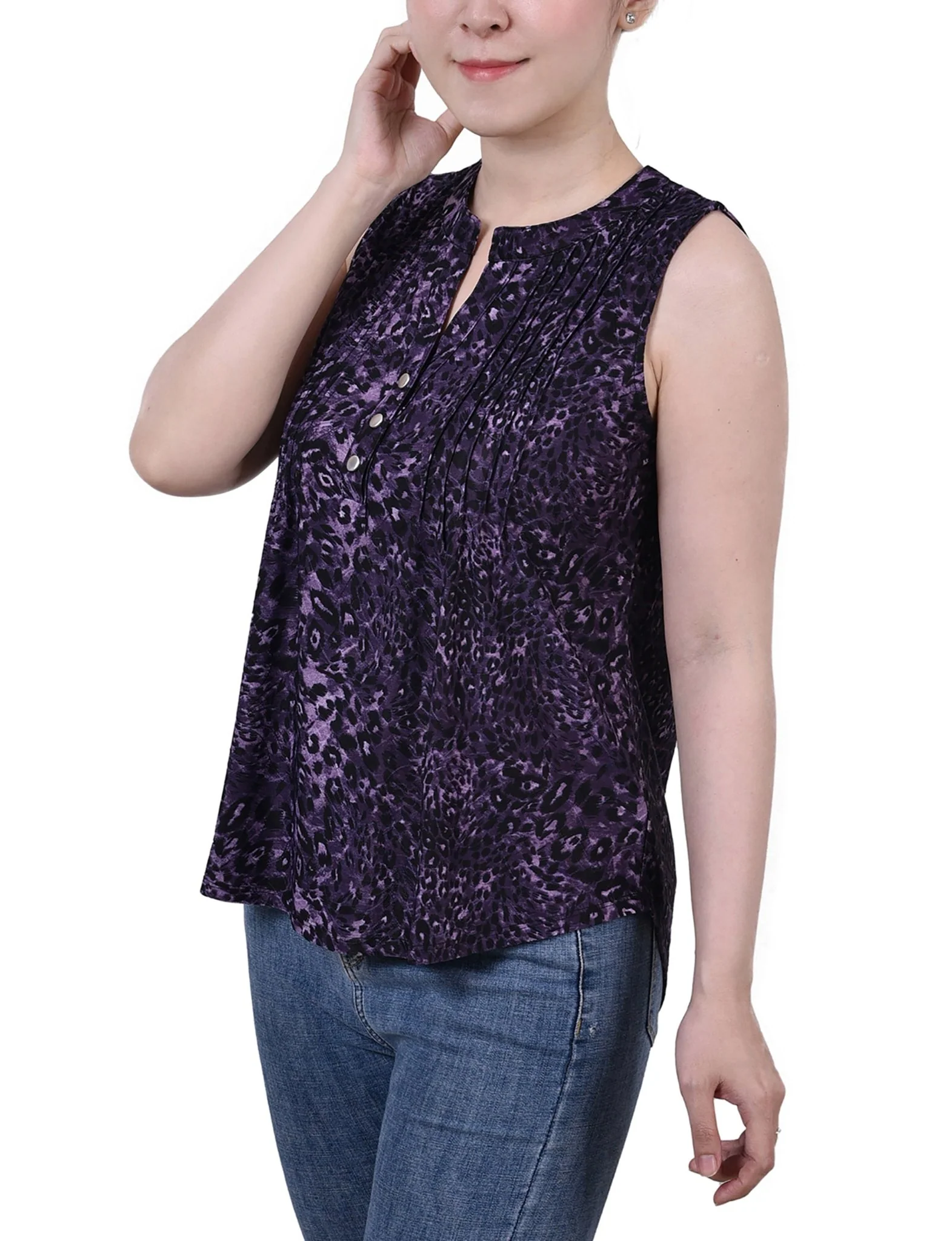 Purple Cheetah Sleeveless Jacquard Y Neck Top - Petite - Image 2