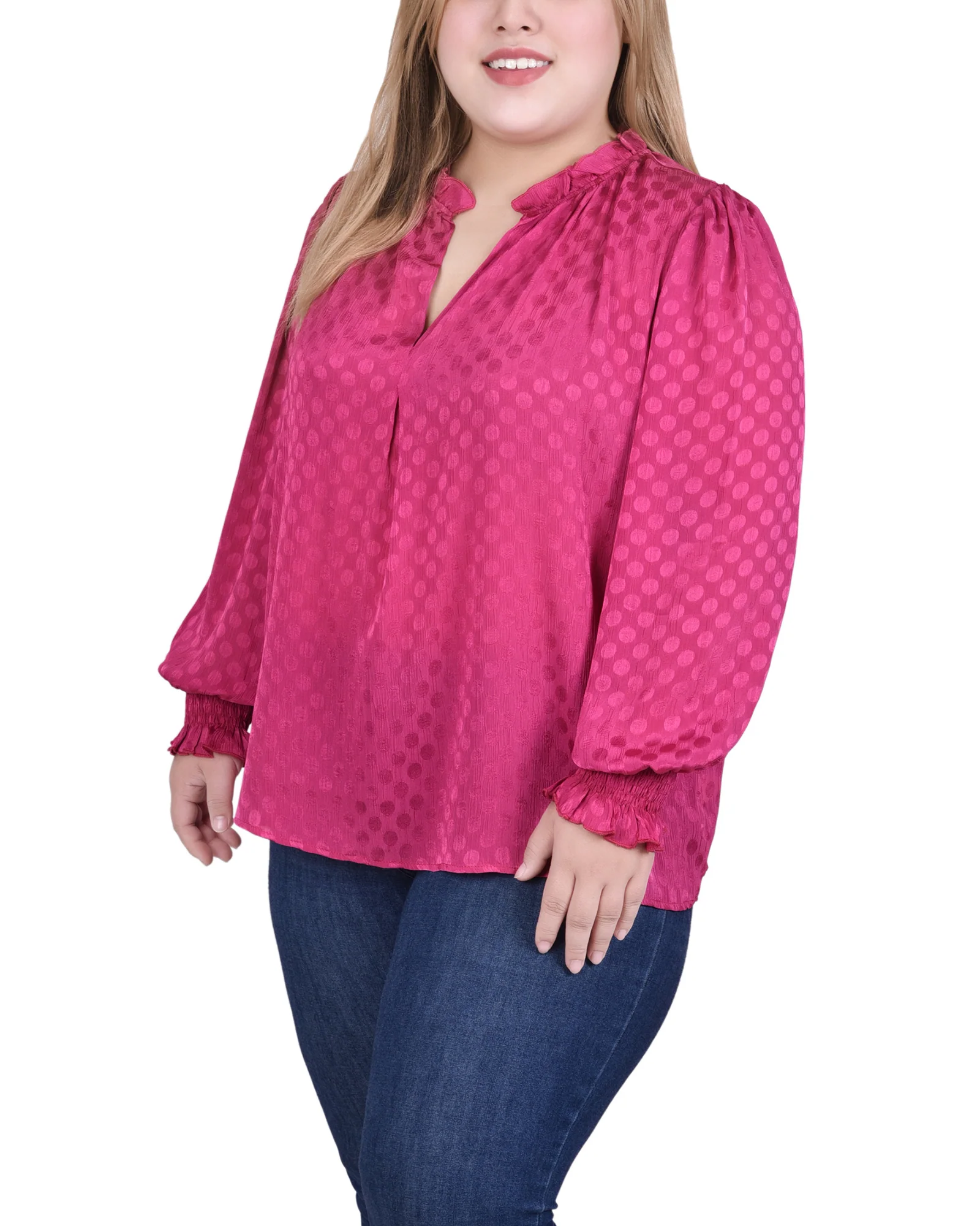 Purple Long Sleeve Smocked Cuff Blouse - Plus Size - Image 2