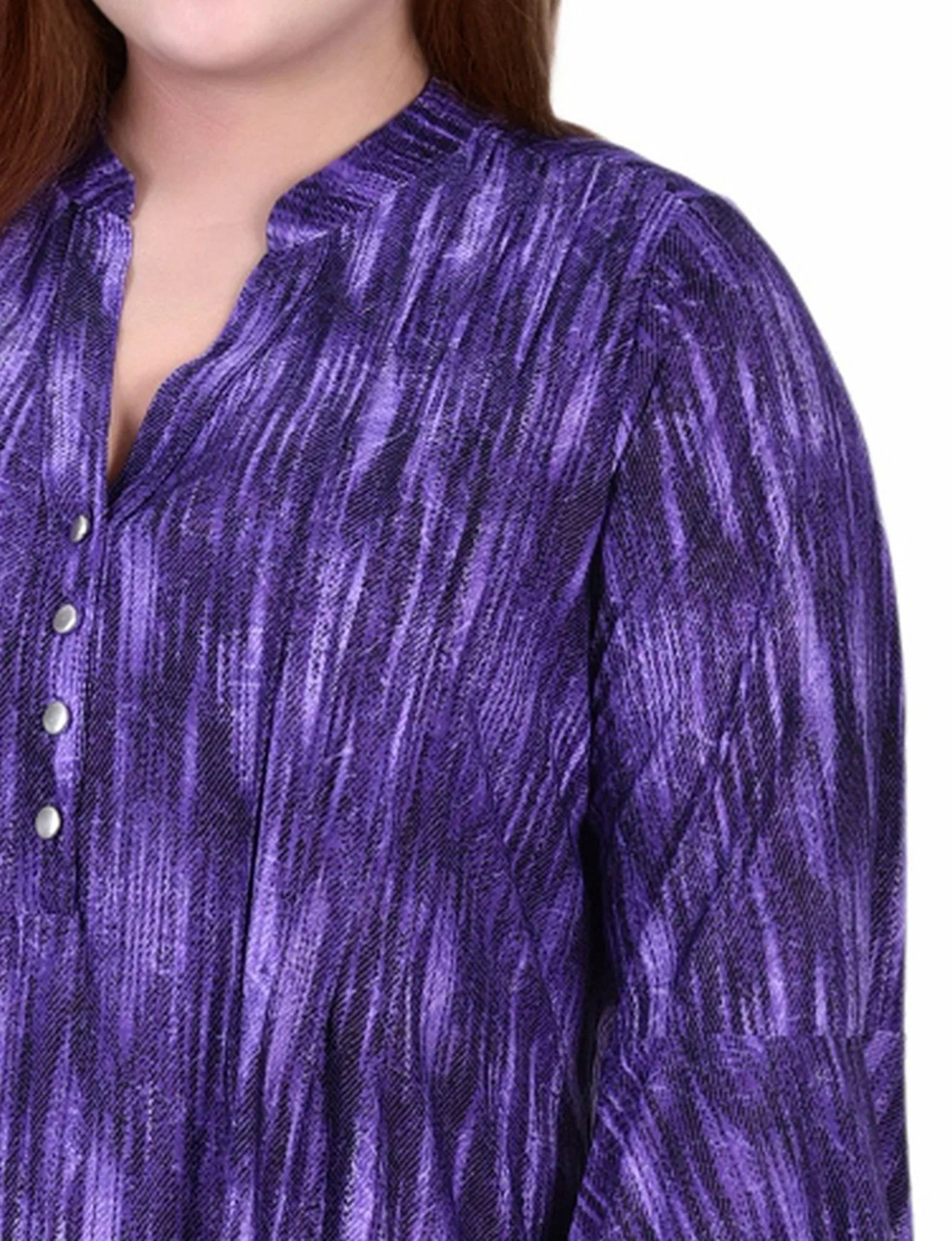 Purple Stripe 3/4 Bell Sleeve Pleat Front Y Neck Top - Plus - Image 3
