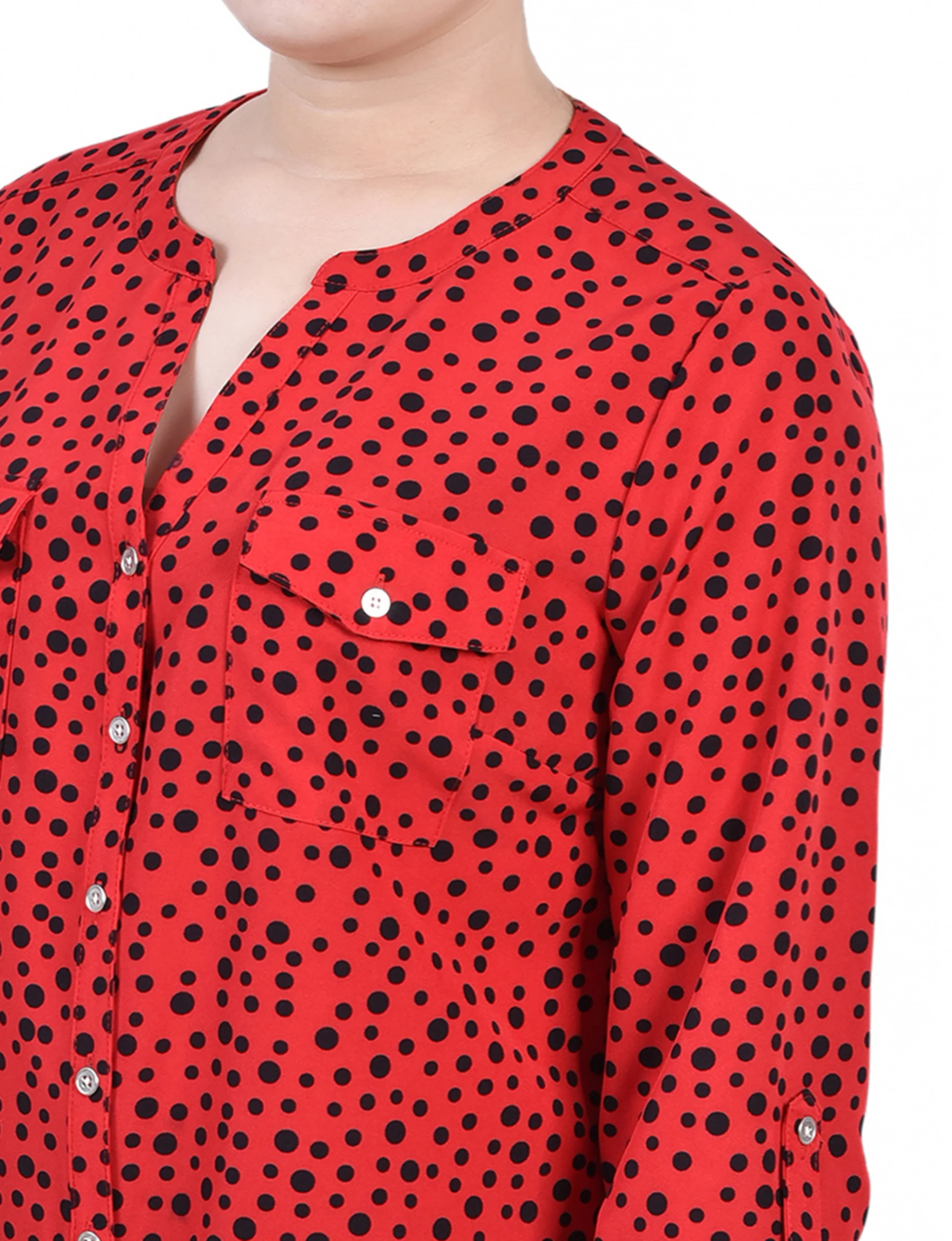 Red 3/4 Roll Tab Sleeve Mandarin Collar Blouse - Petite - Image 3