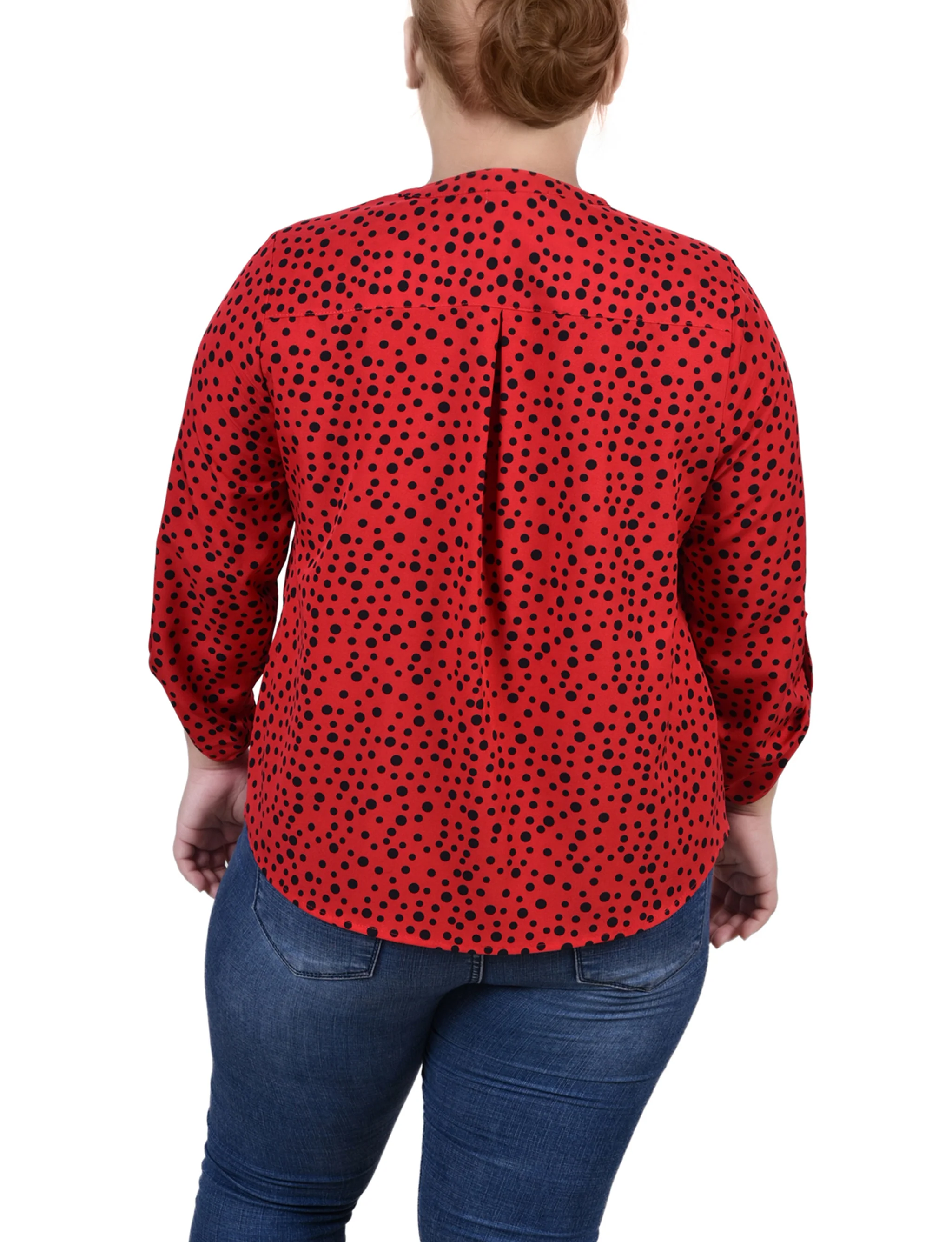 Red 3/4 Roll Tab Sleeve Mandarin Collar Blouse - Plus Size - Image 4