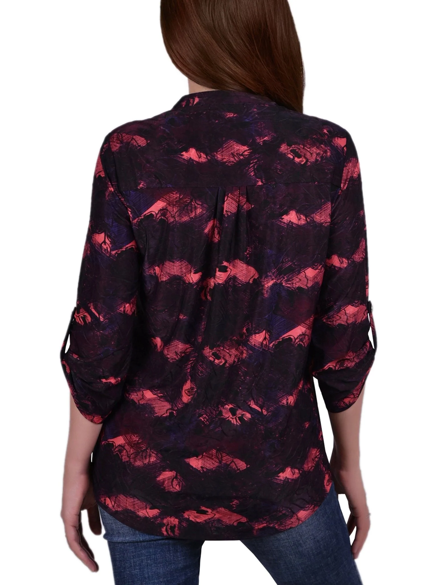 Red Milaflor 3/4 Sleeve Roll Tab Y Neck Top - Image 4