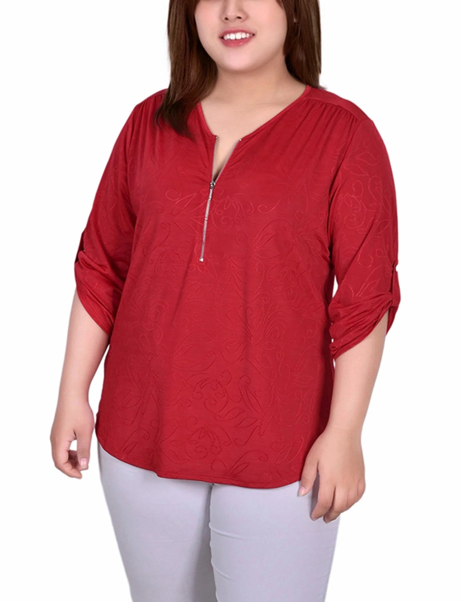 Red Sakadotduo 3/4 Roll Tab Zip Front Jacquard Knit Top - Plus