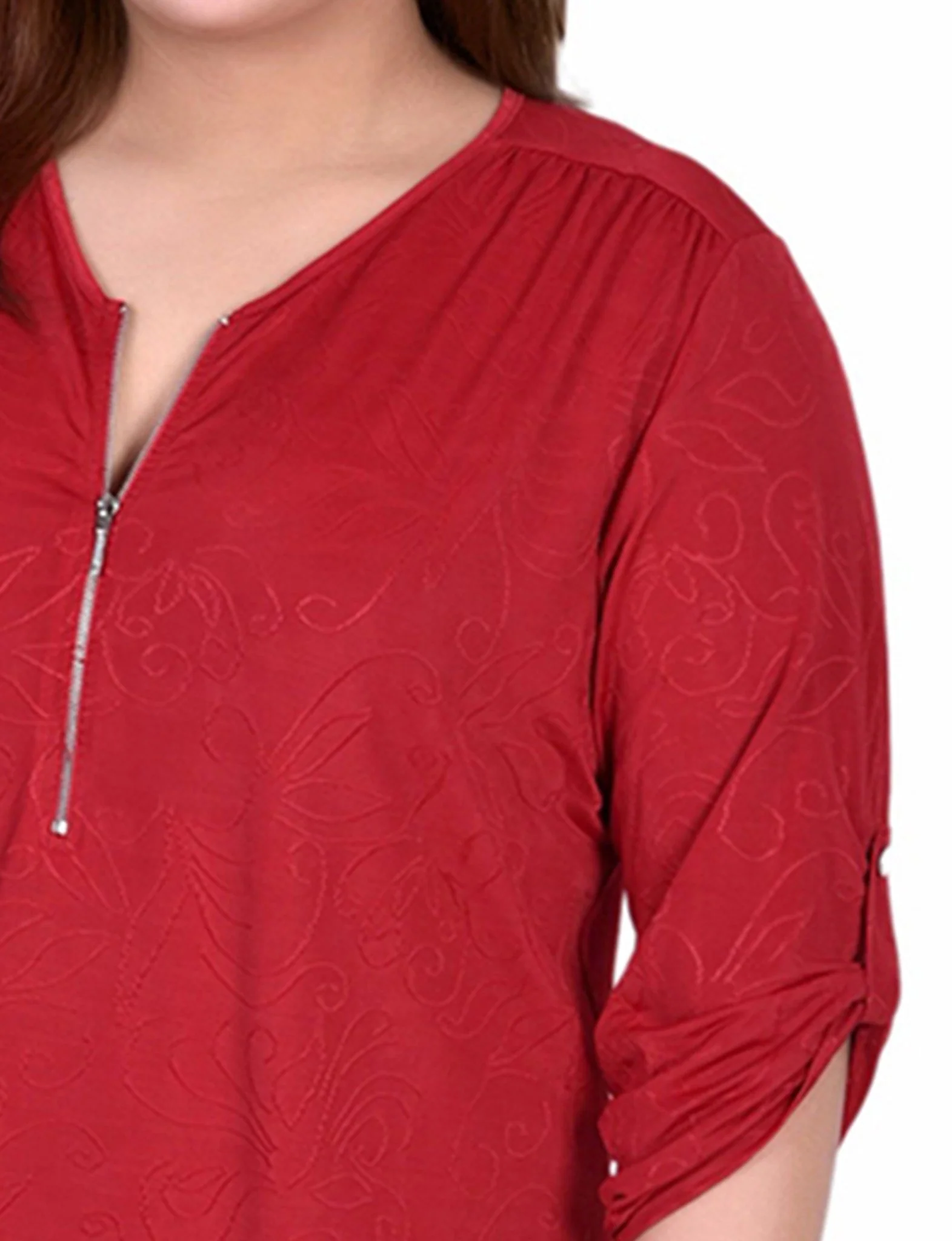 Red Sakadotduo 3/4 Roll Tab Zip Front Jacquard Knit Top - Plus - Image 3