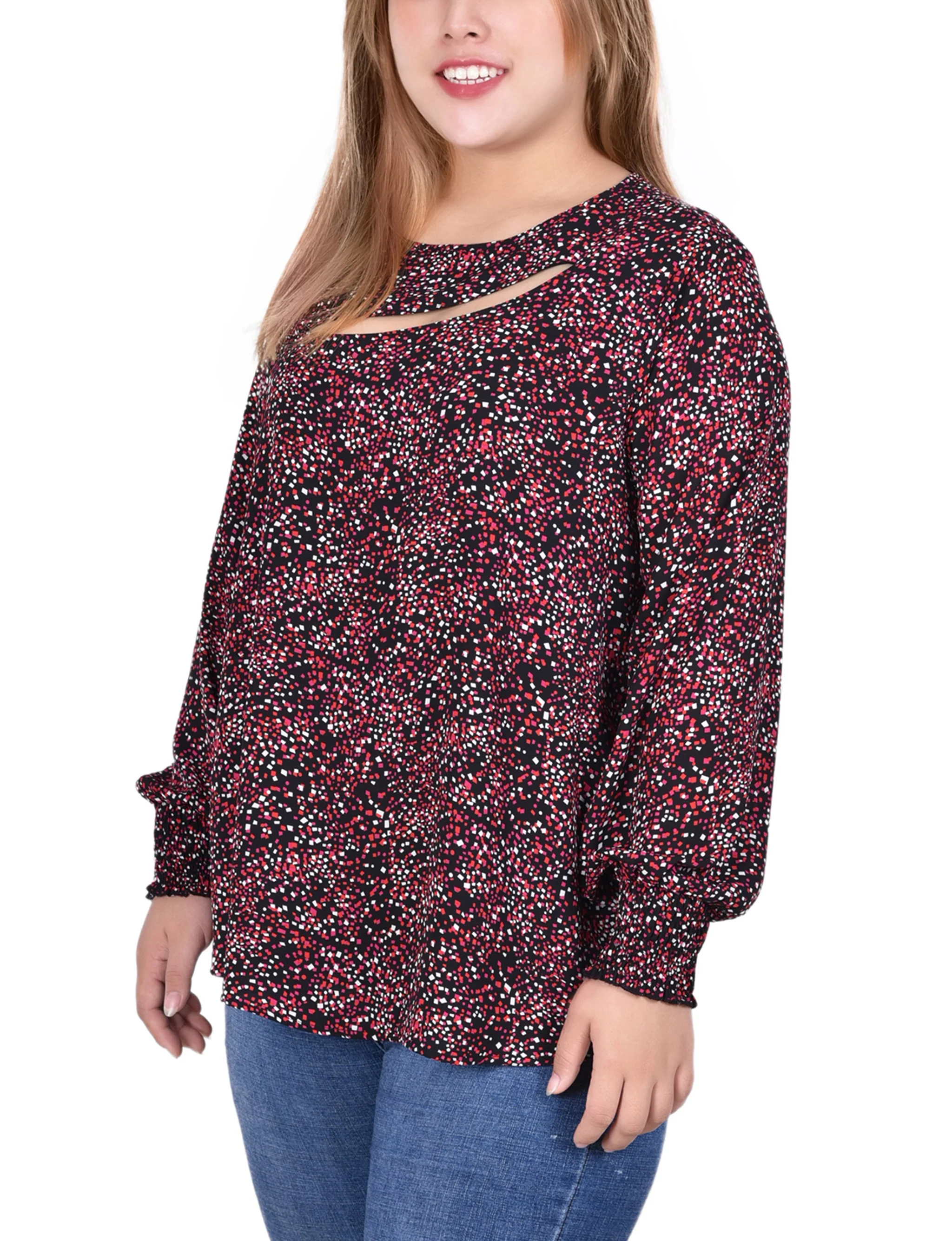 Red Smocked Cuff Blouse With Neckline Cutout - Plus Size - Image 2