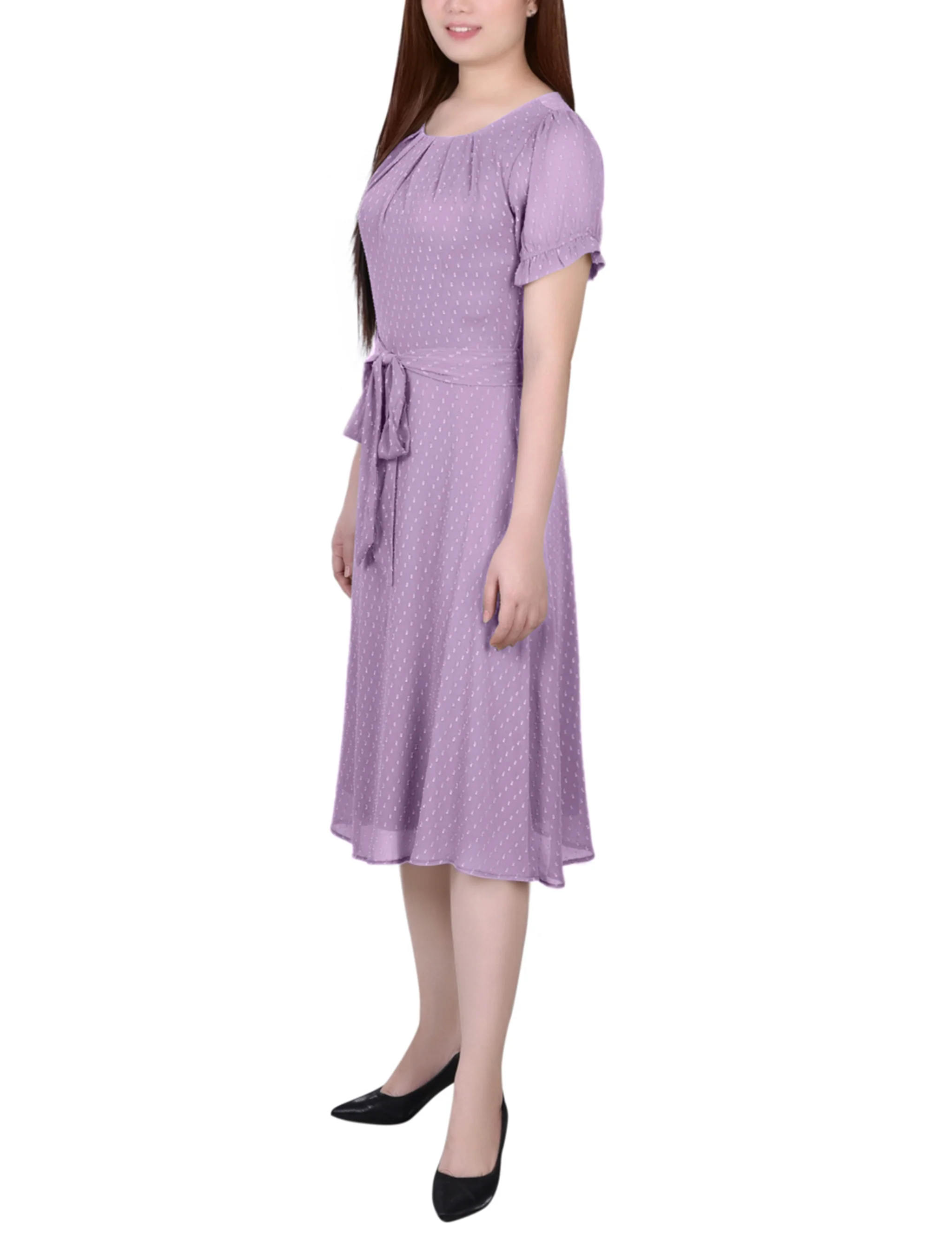 Regal Orchid Short Sleeve Belted Swiss Dot Dress - Image 2