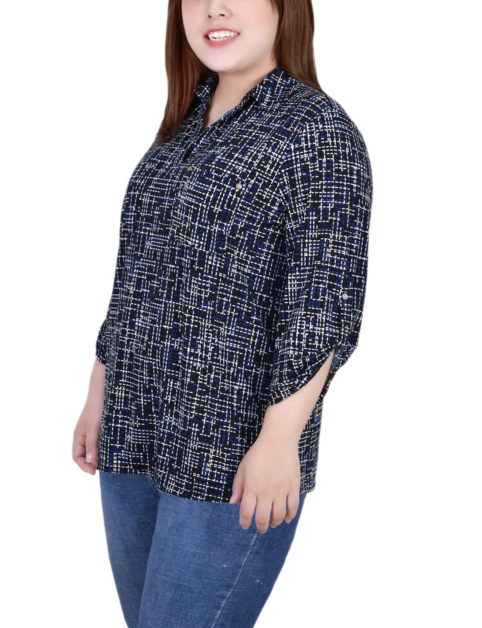 Royal Abstract 3/4 Roll Tab Sleeve Studded Y Neck Top - Plus - Image 2