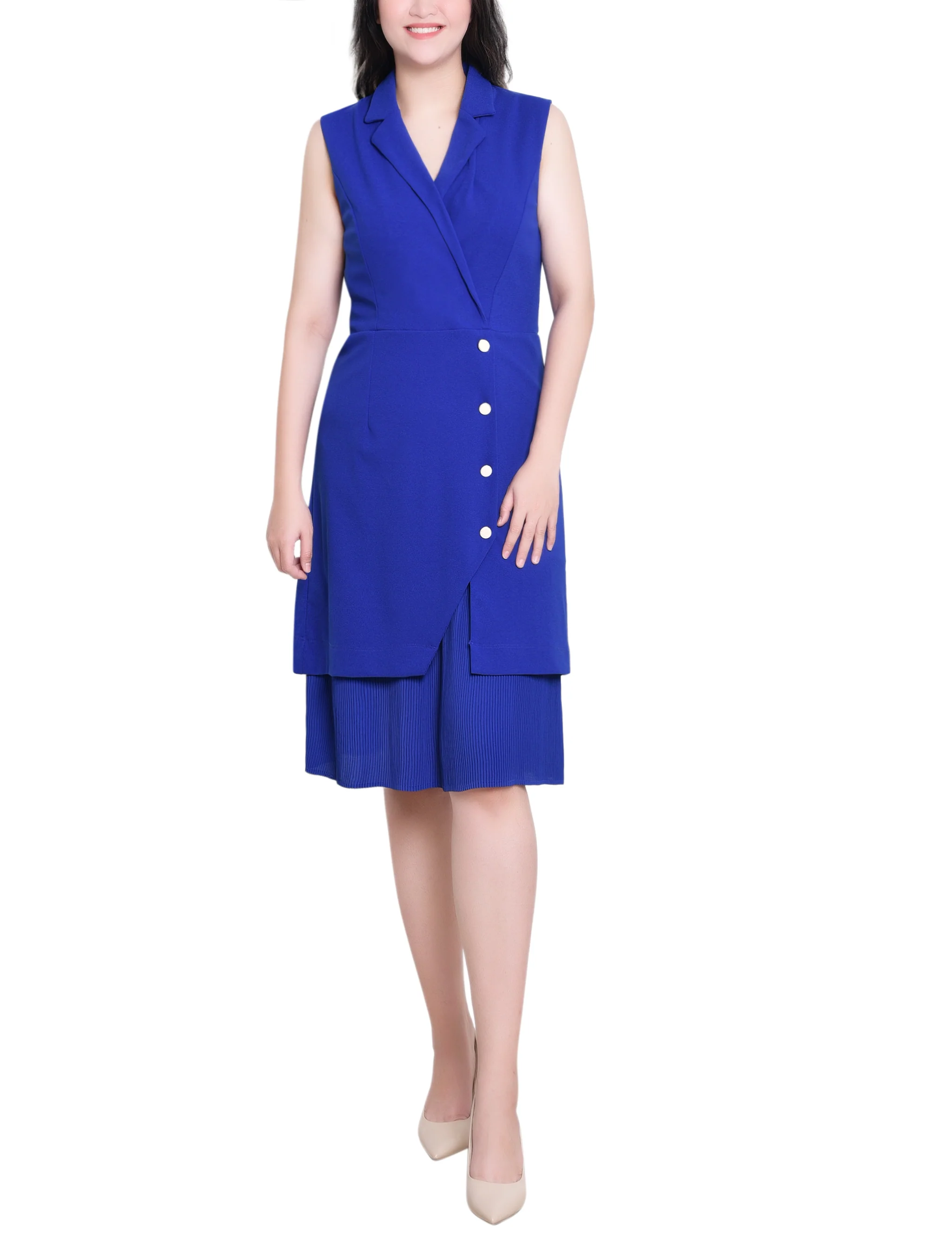 Royal Sleeveless Suit With Pleated Skirt