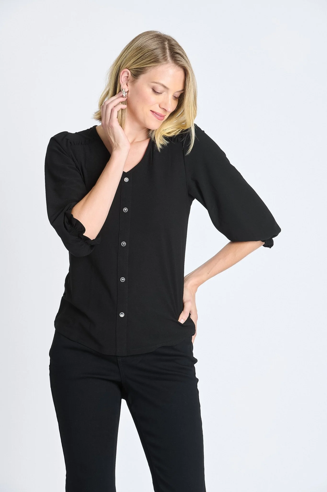 Ruffle 3/4 Sleeve Button Top, Black - Image 2