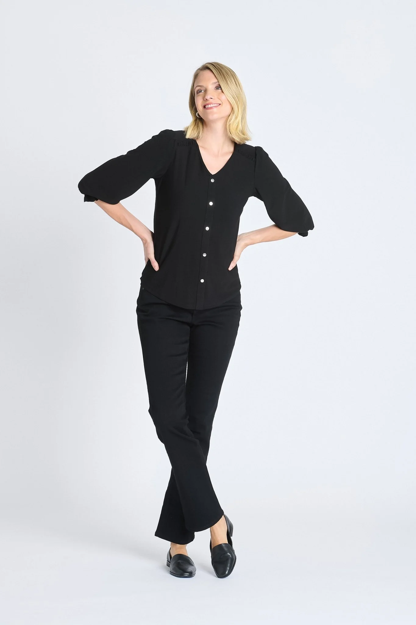 Ruffle 3/4 Sleeve Button Top, Black - Image 4