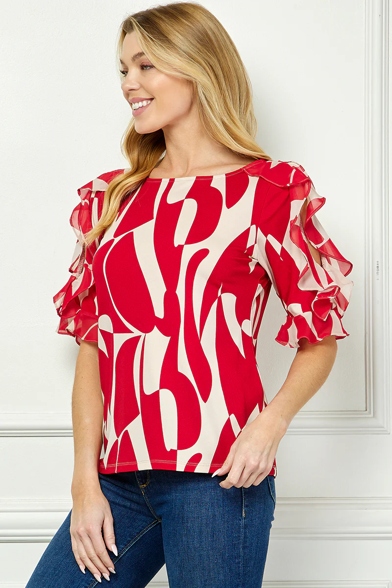 Ruffle Cold Shoulder Boat Neck Blouse in Red/Tan - Image 3