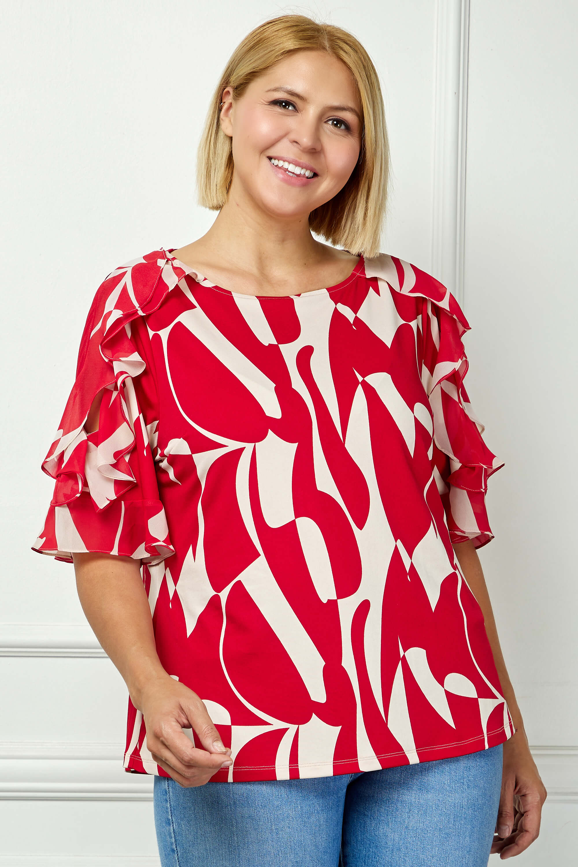 Ruffle Cold Shoulder Boat Neck Blouse in Red/Tan - Plus - Image 2