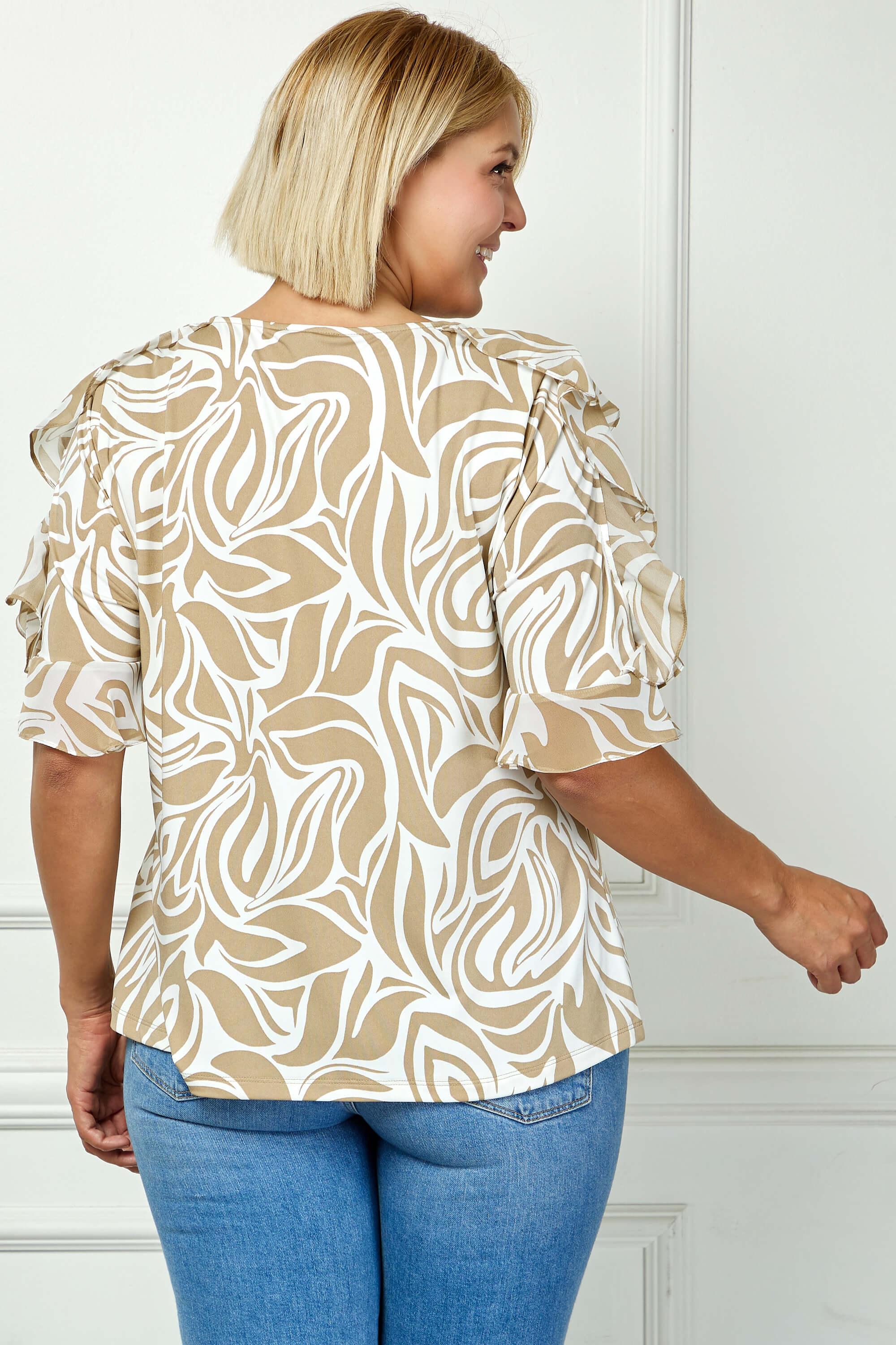 Ruffle Cold Shoulder Scoop Neck Blouse - Plus - Beige - Image 2