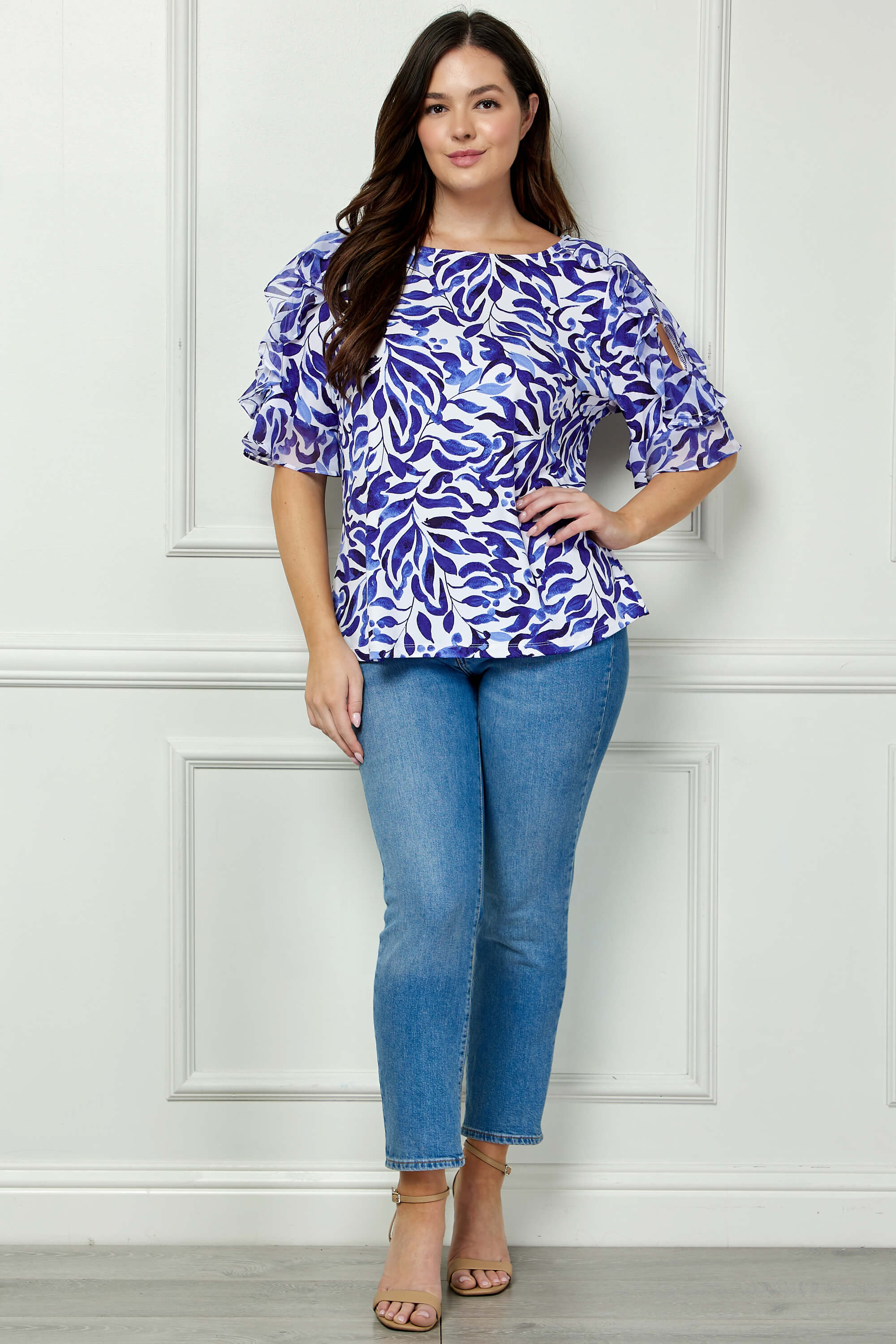 Ruffle Cold Shoulder Scoop Neck Blouse - Plus - Navy - Image 4