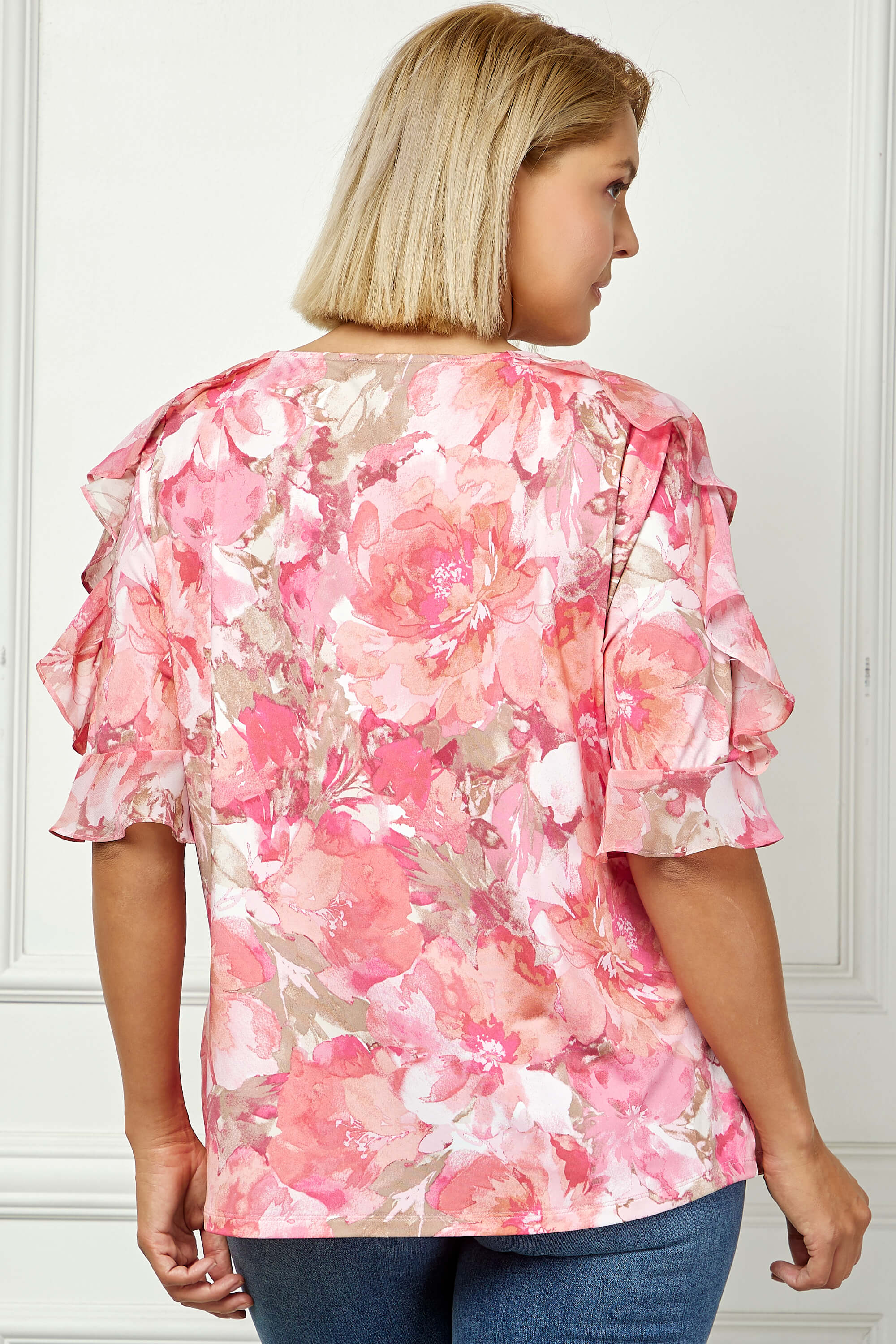 Ruffle Cold Shoulder Scoop Neck Blouse - Plus - Pink - Image 2