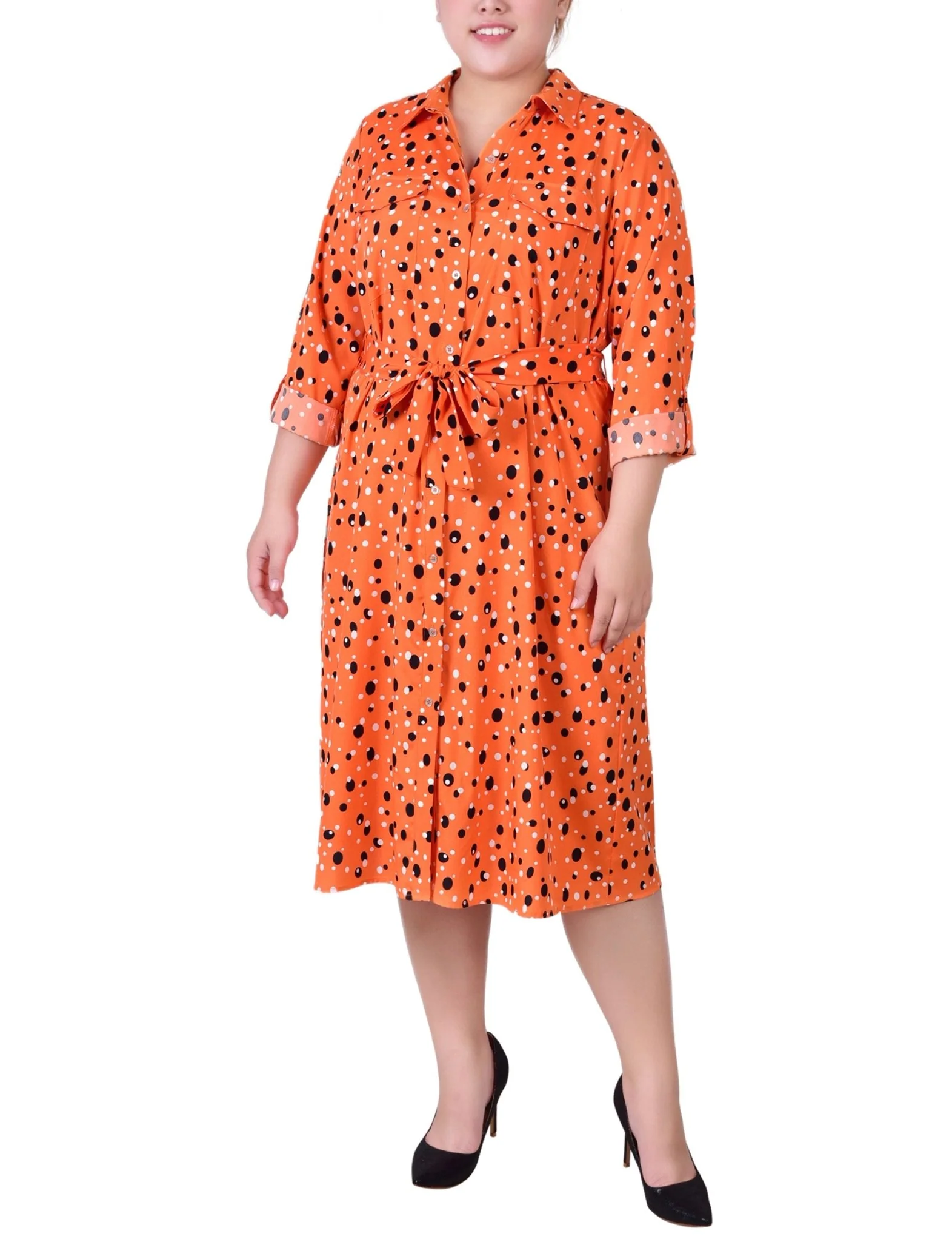 Rust Black Bubble 3/4 Roll Tab Sleeve Belted Shirtdress - Plus - Image 4