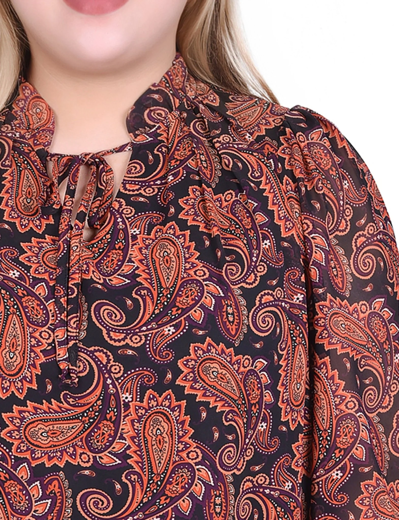 Rust Black Paisley 3/4 Sleeve Chiffon Blouse - Plus - Image 3