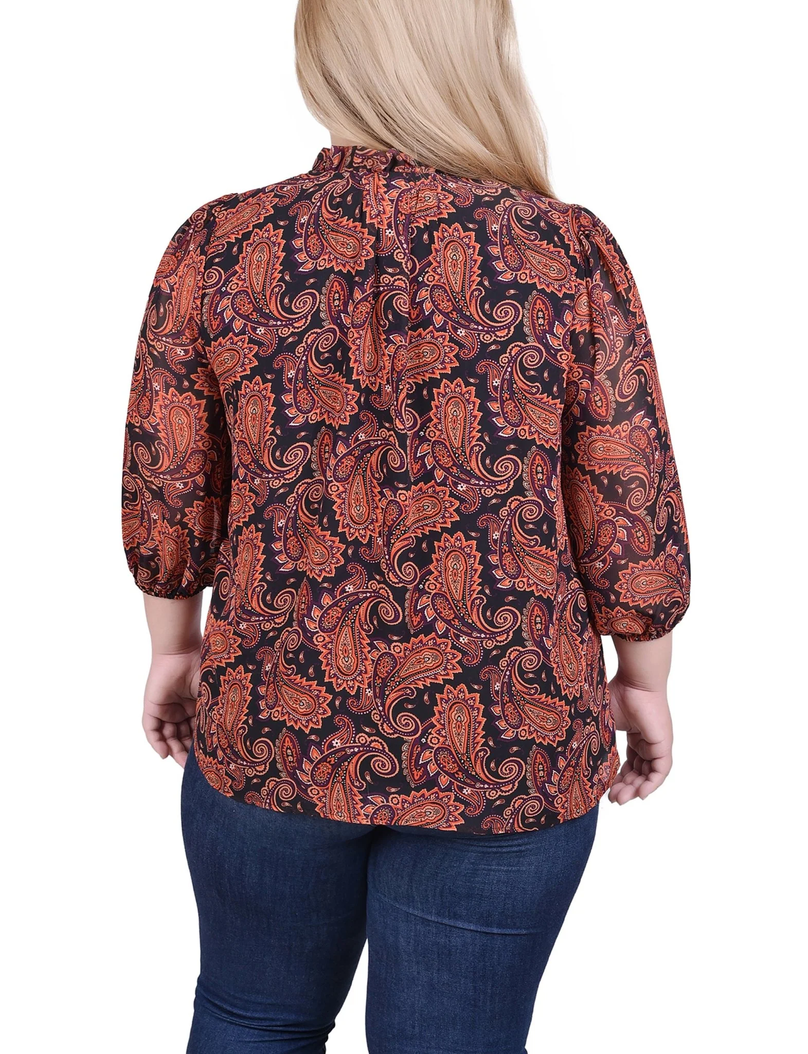 Rust Black Paisley 3/4 Sleeve Chiffon Blouse - Plus - Image 4