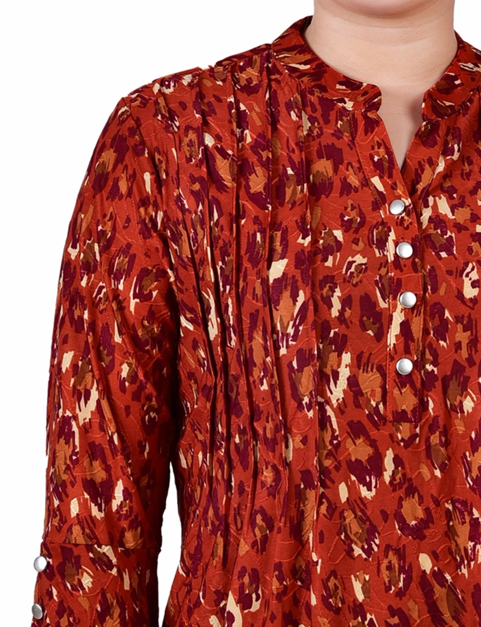Rust Gold Purple 3/4 Sleeve Overlapped Bell Sleeve Y Neck Top - Petite - Image 3