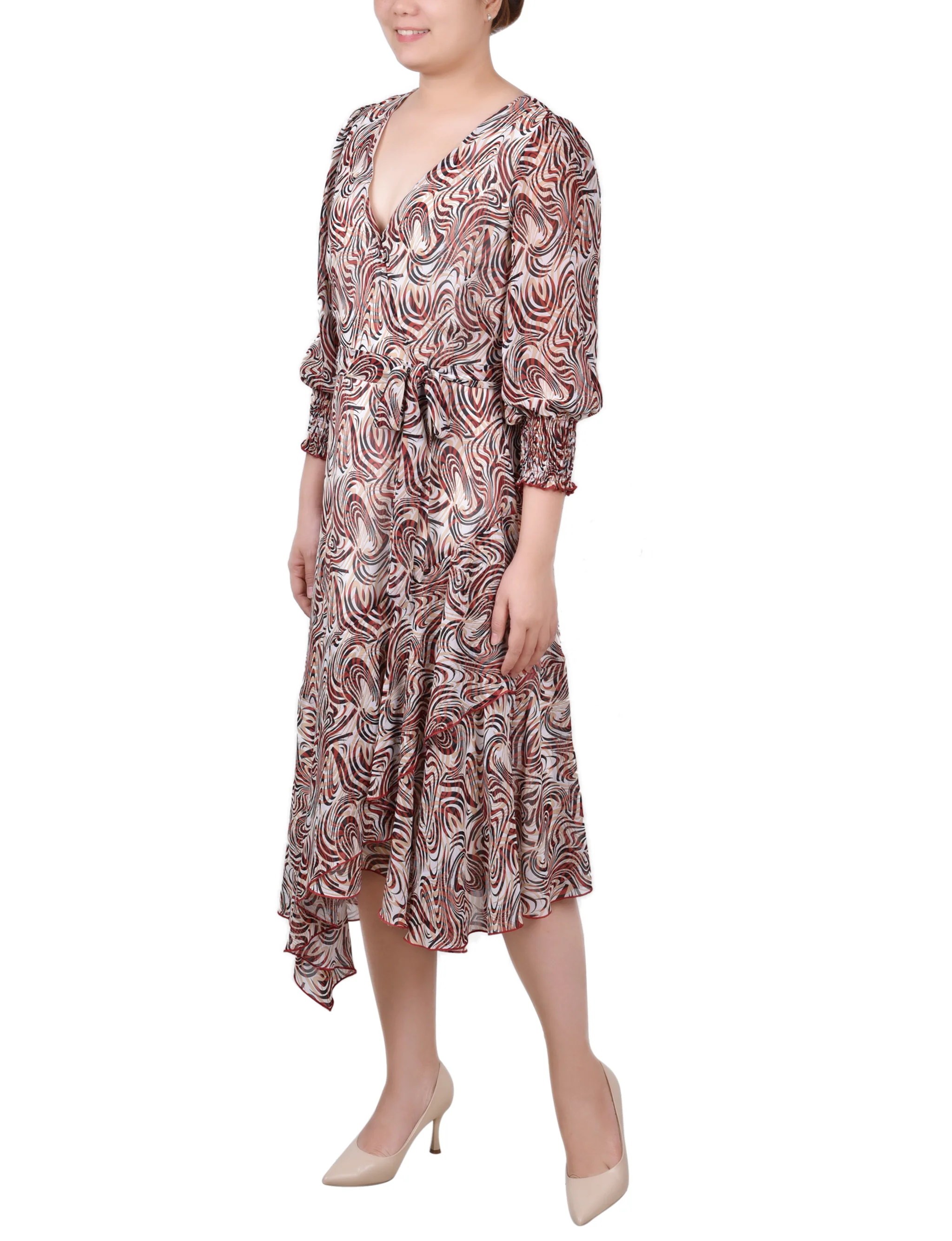 Rust Groovy Waves 3/4 Sleeve Belted Chiffon Hankerchief Hem Dress - Image 2
