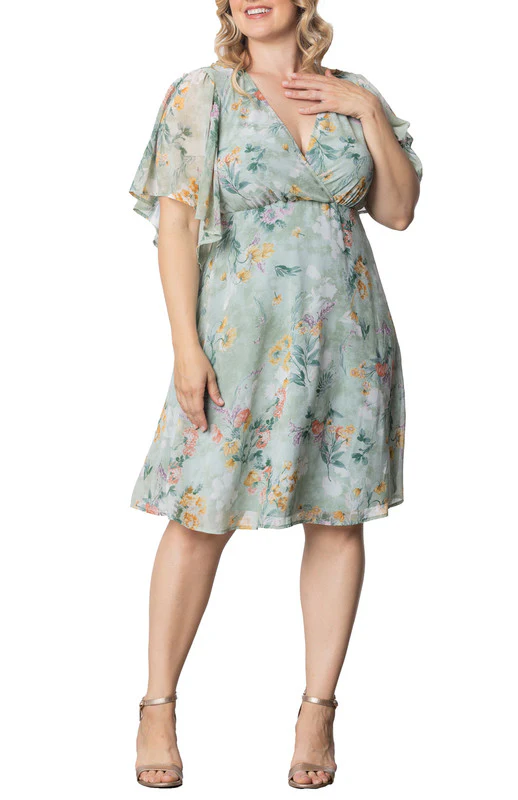 Sage Floral Print Florence Flutter Sleeve Dress - Plus