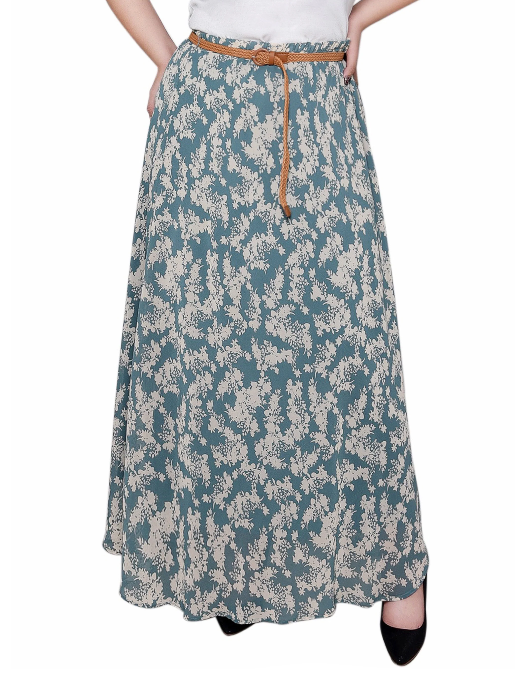 Sage Ivory Floral Chiffon Maxi Skirt - Plus