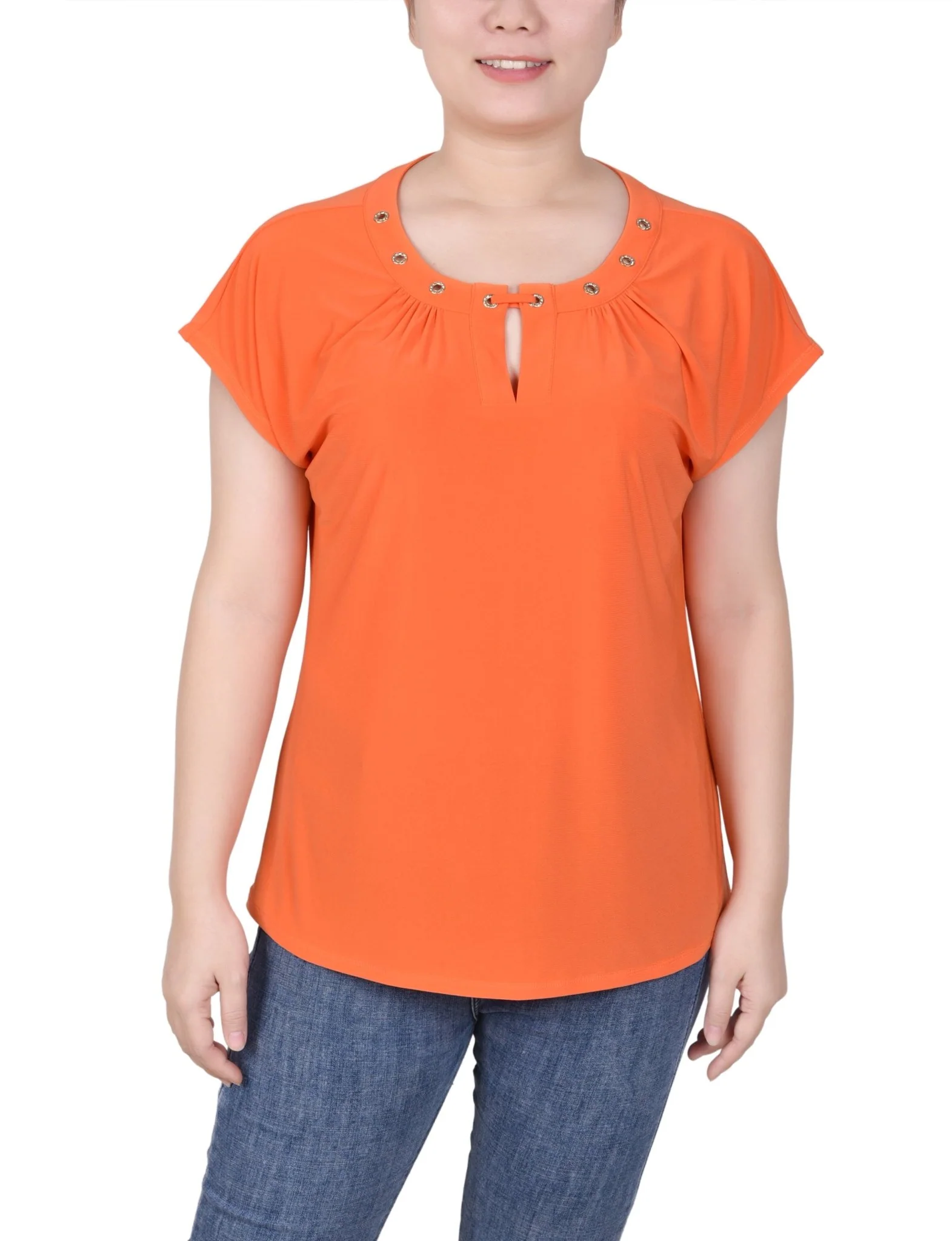 Short Extended-Sleeve Grommet Neck Knit Top - Petite - Image 10