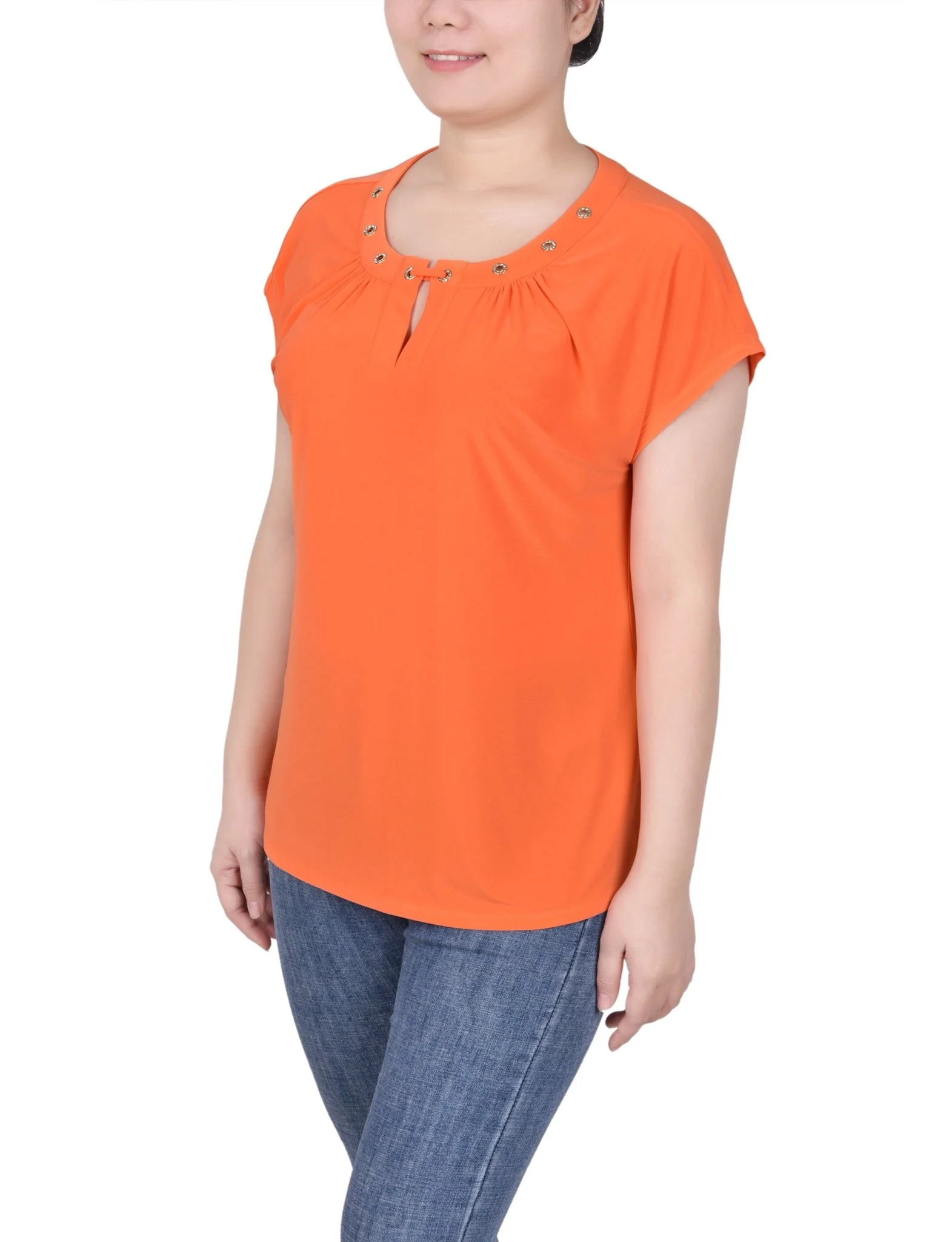 Short Extended-Sleeve Grommet Neck Knit Top - Petite - Image 11