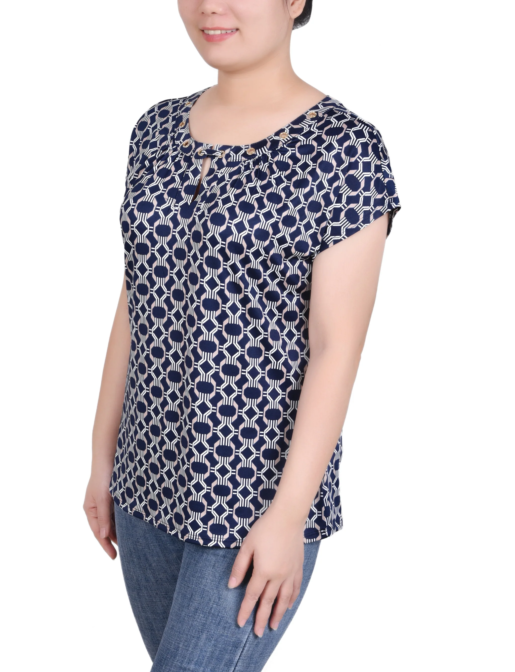 Short Extended-Sleeve Grommet Neck Knit Top - Petite - Image 14
