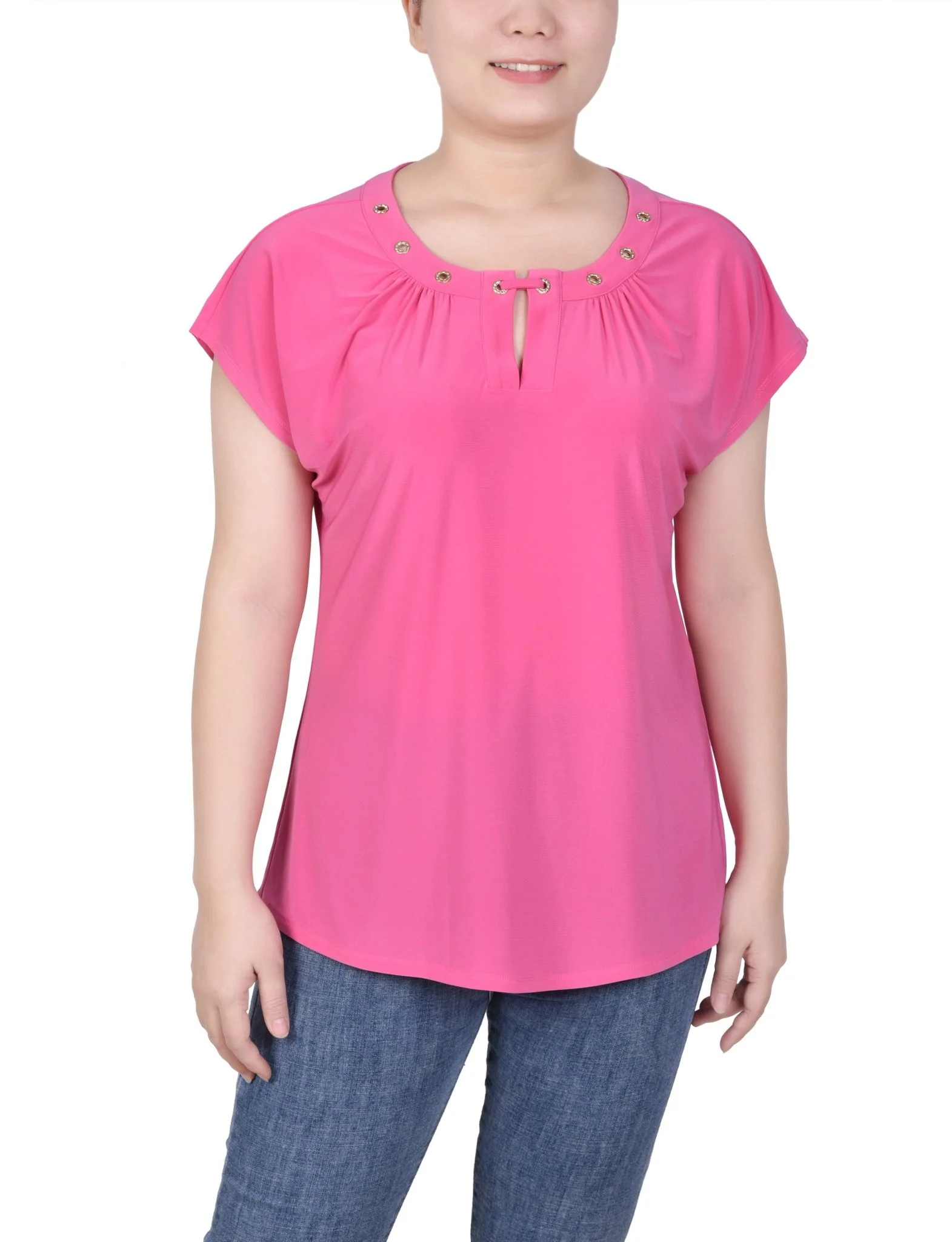 Short Extended-Sleeve Grommet Neck Knit Top - Petite - Image 19