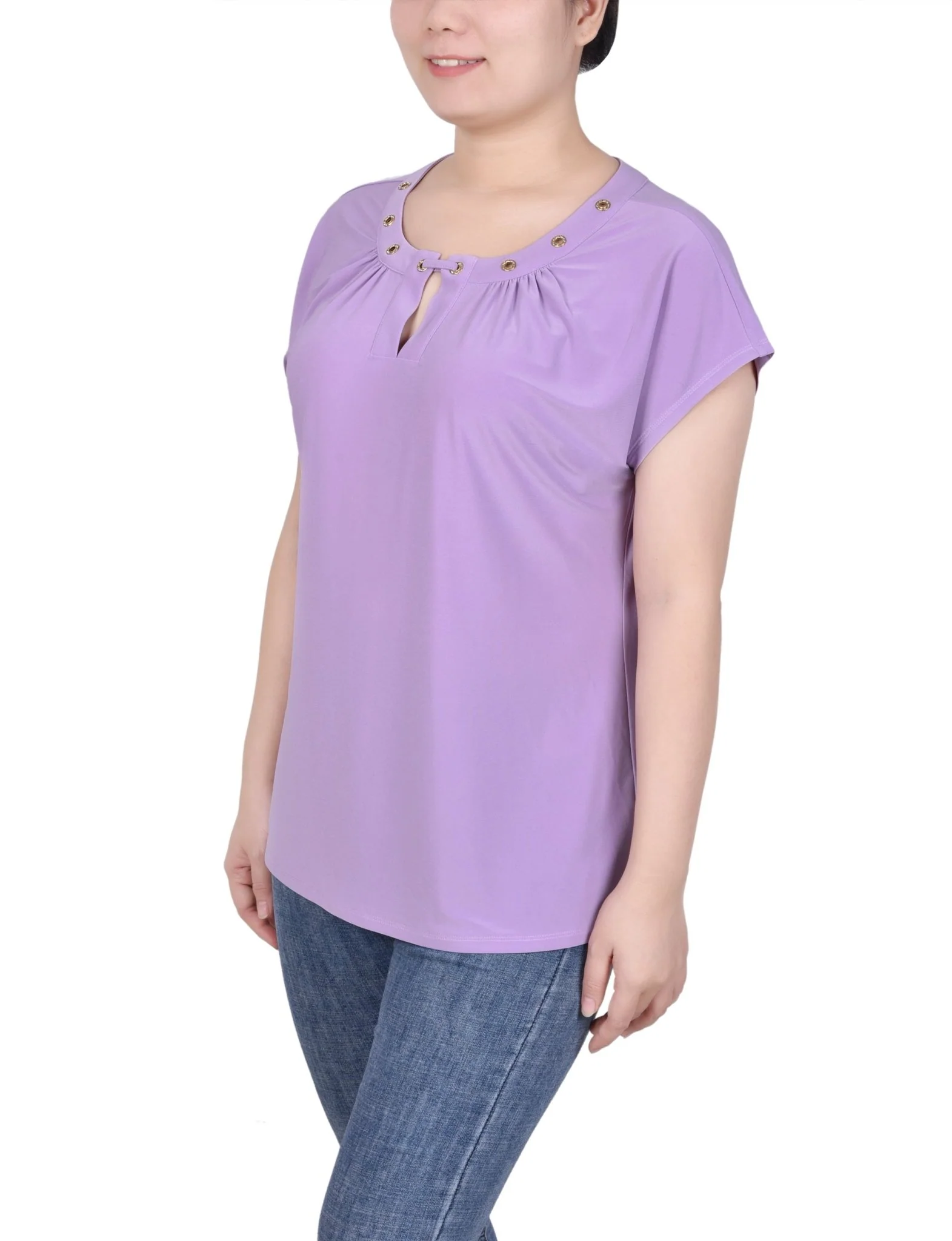 Short Extended-Sleeve Grommet Neck Knit Top - Petite - Image 23
