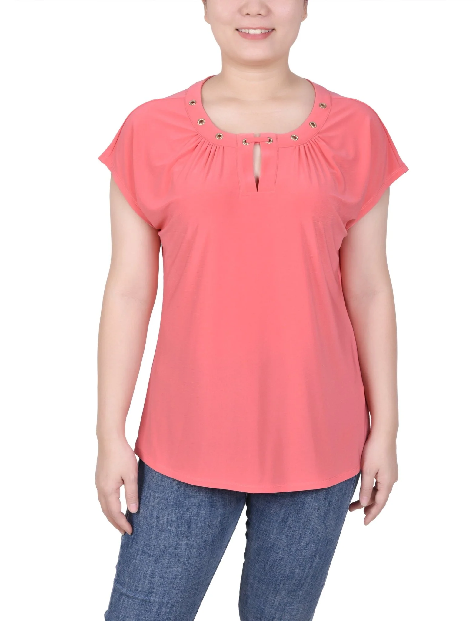 Short Extended-Sleeve Grommet Neck Knit Top - Petite - Image 25