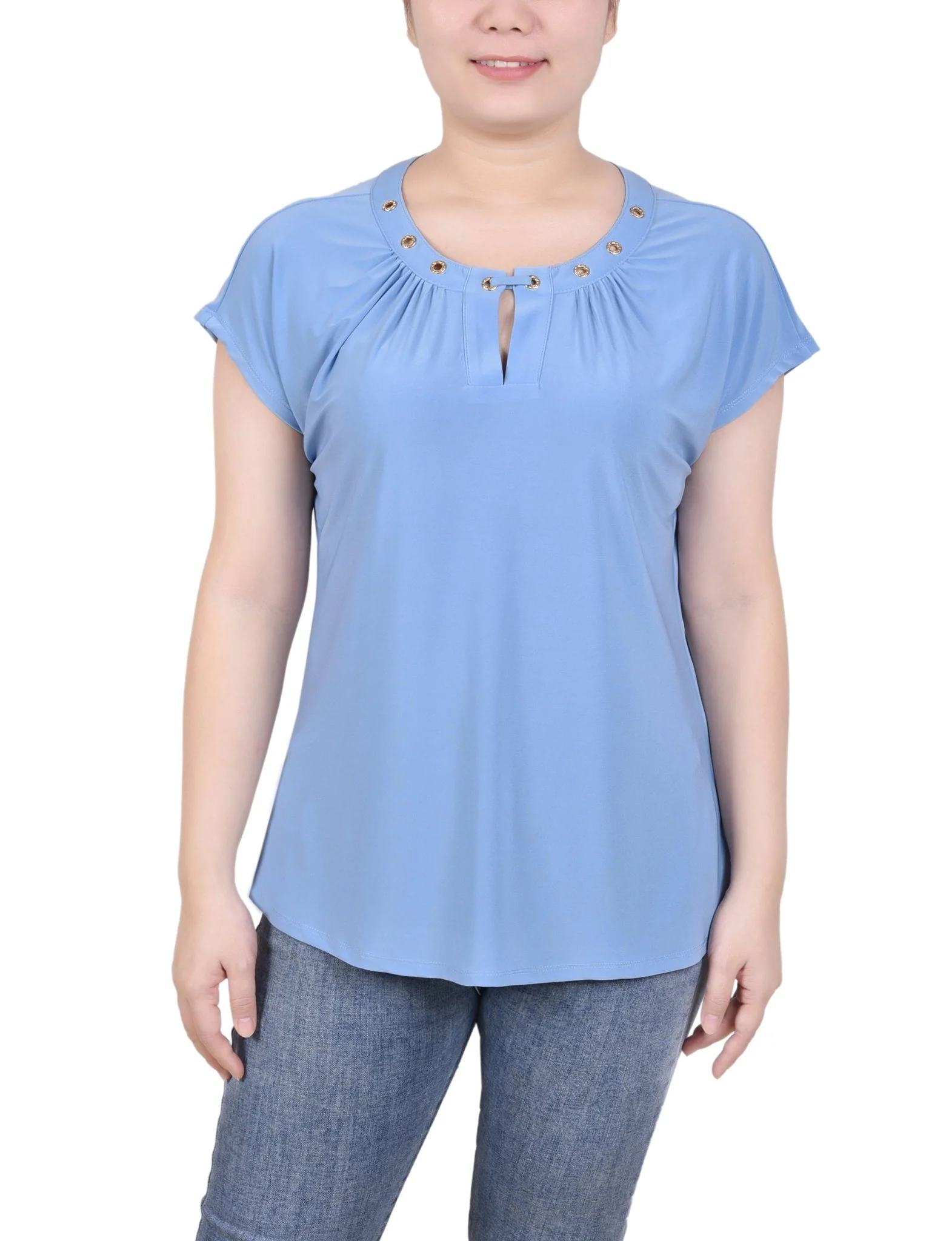 Short Extended-Sleeve Grommet Neck Knit Top - Petite - Image 31