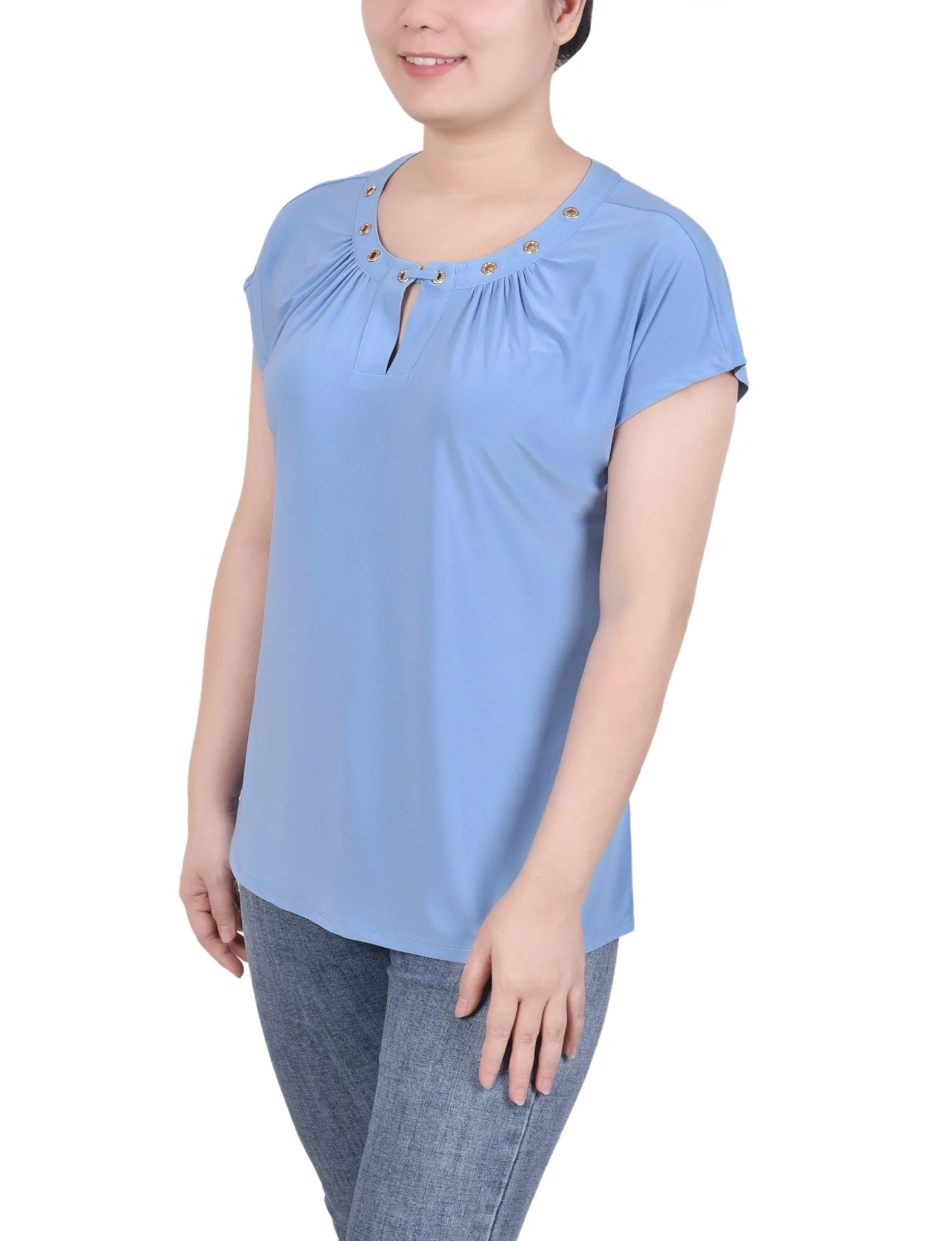 Short Extended-Sleeve Grommet Neck Knit Top - Petite - Image 32