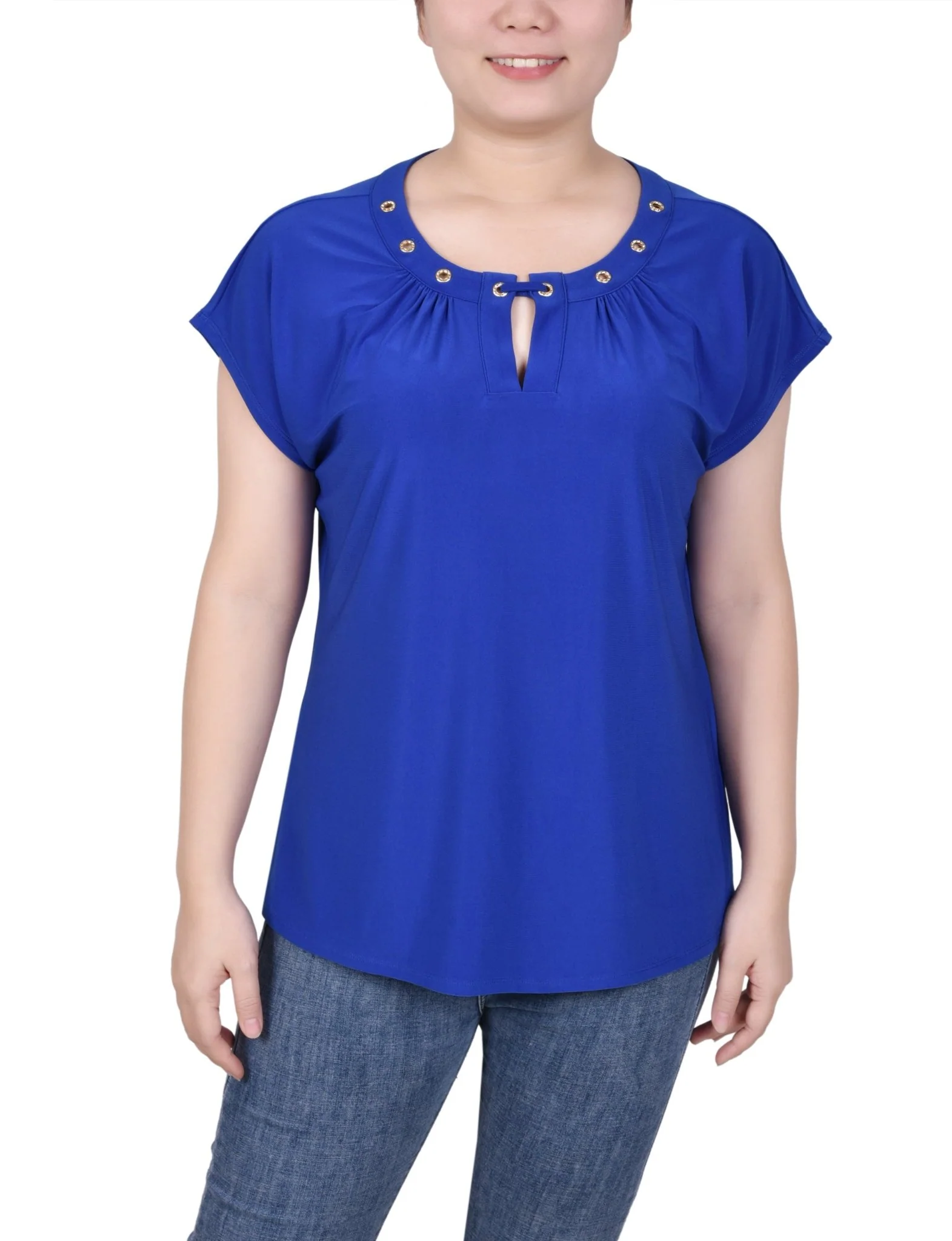 Short Extended-Sleeve Grommet Neck Knit Top - Petite - Image 34