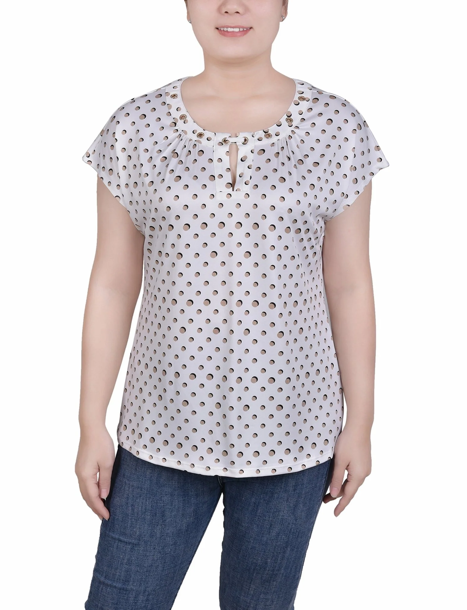 Short Extended-Sleeve Grommet Neck Knit Top - Petite - Image 40