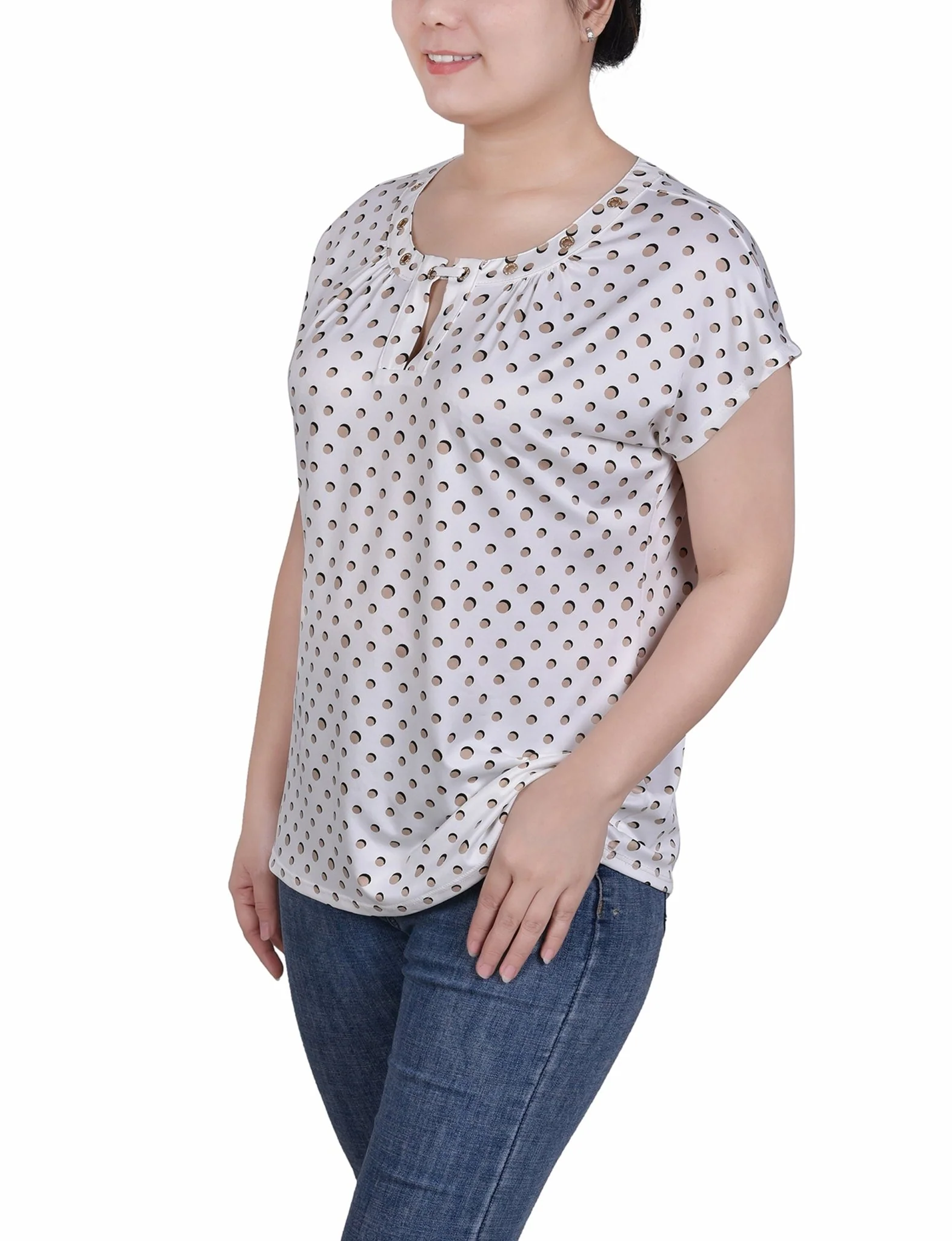 Short Extended-Sleeve Grommet Neck Knit Top - Petite - Image 41